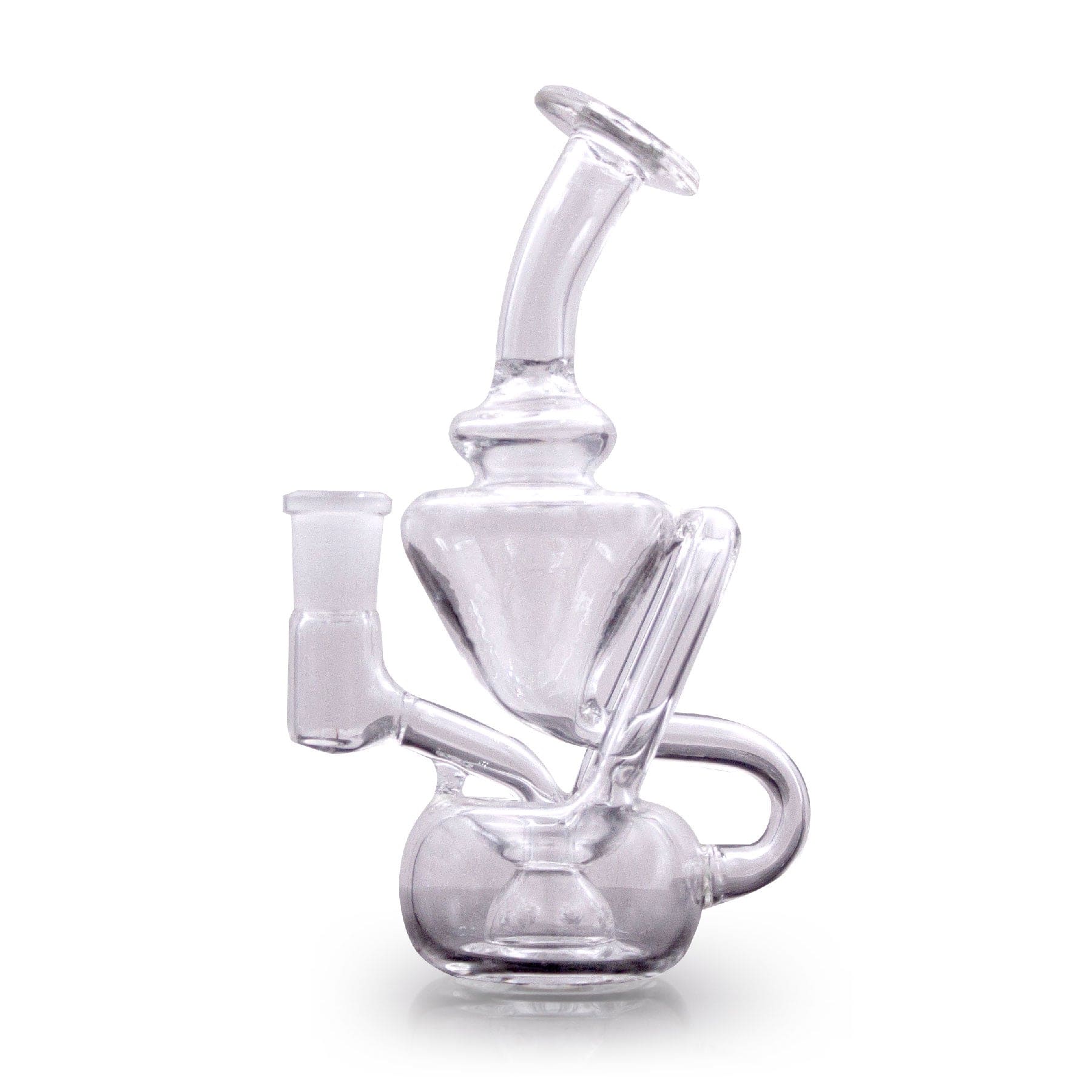 Front view of the 5" Backwinder Recycler Mini Rig, showcasing the clear glass construction and compact recycler design.