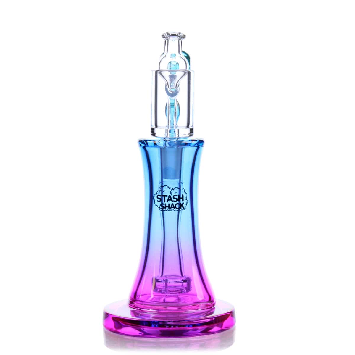 Front view of the Aurelia Mini Rig, a small, blue and clear glass piece resting on a reflective surface.