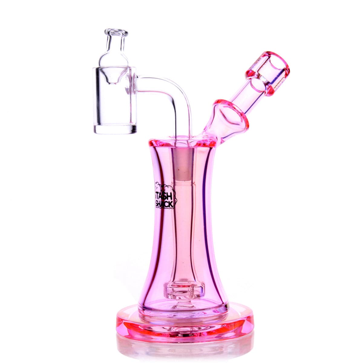 Front view of the Aurelia Mini Rig, a pink glass piece with a curved neck and rounded base, isolated on a white background.