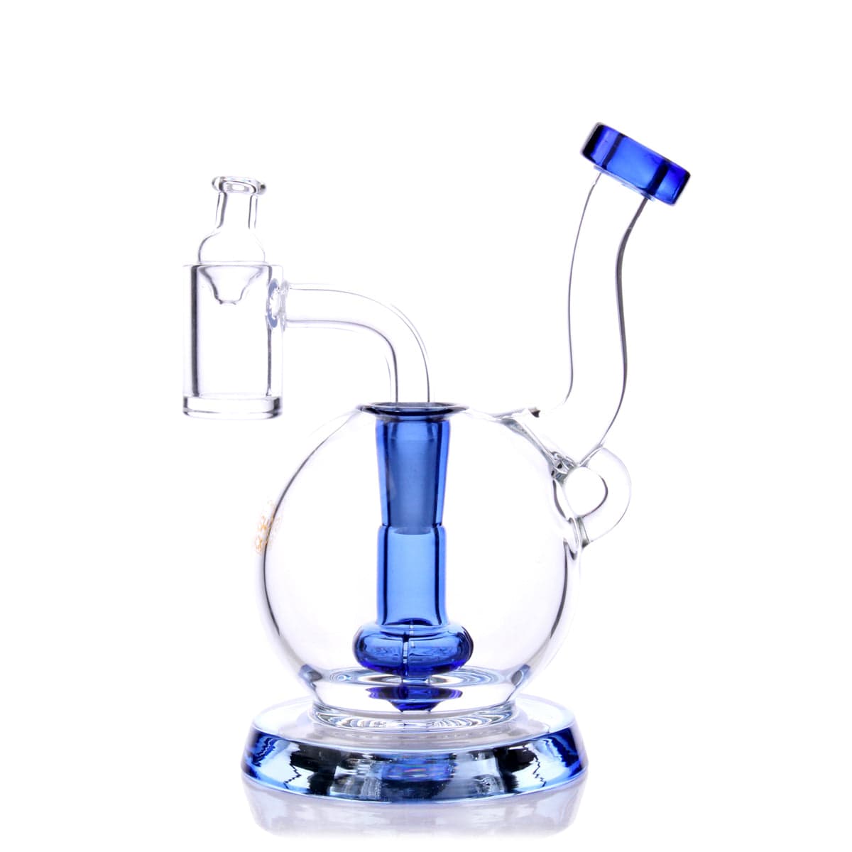A front view of the TerpGlobe Mini Rig, showing the clear glass rig with a blue joint and mouthpiece, sitting on a reflective surface.