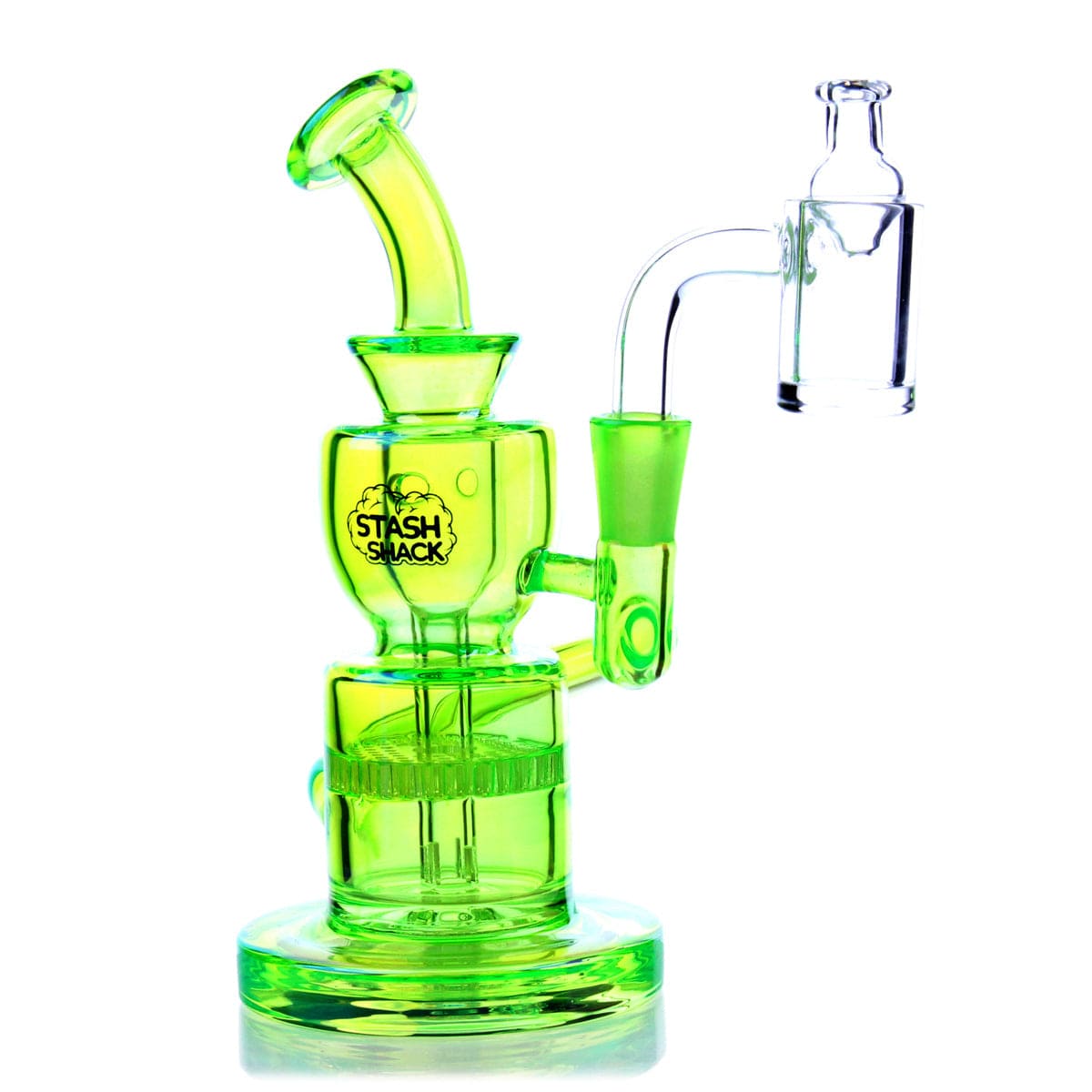 A three-quarter view of the Dahlia Mini Rig, showcasing its clear glass construction and compact size.