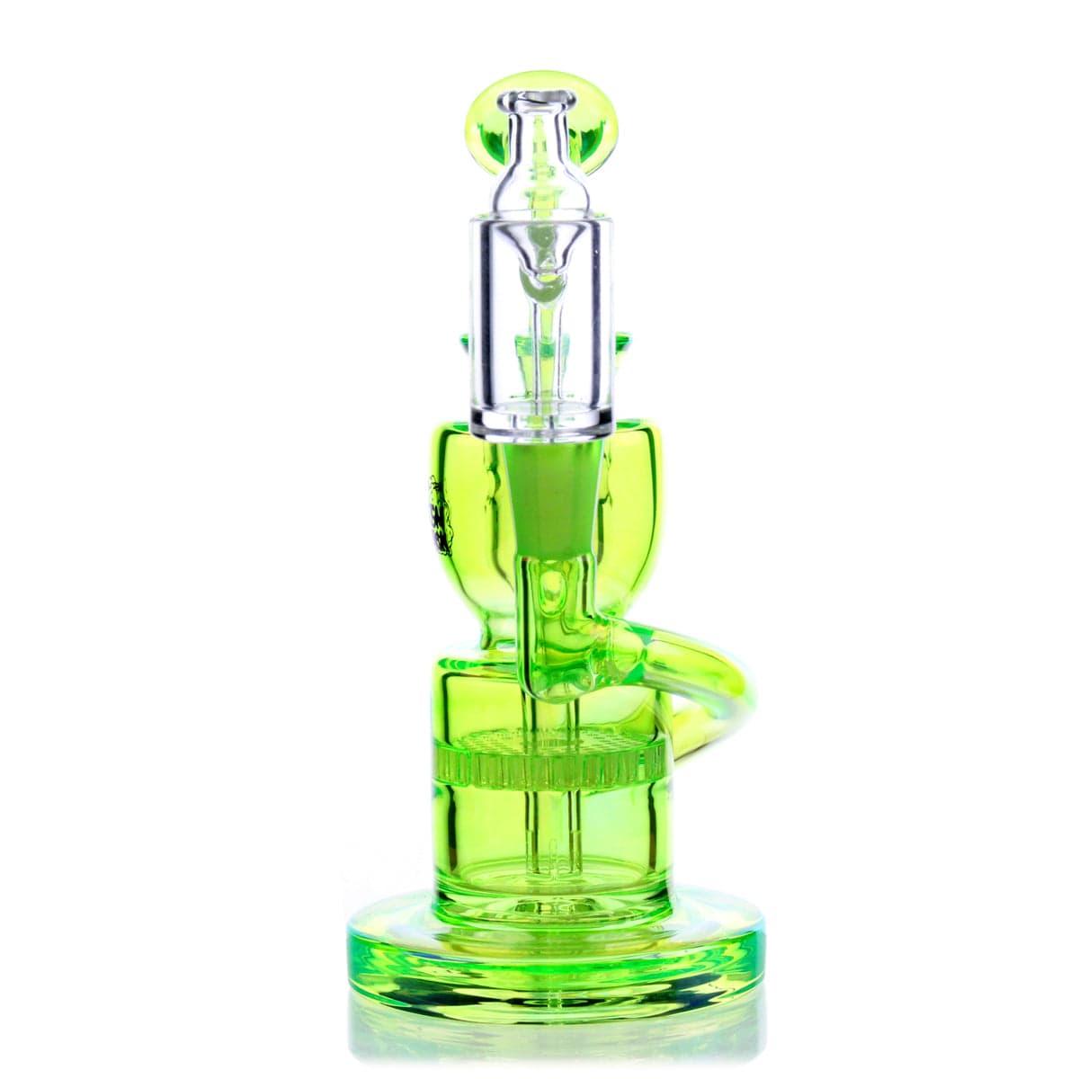 Front view of the Dahlia Mini Rig, a small, clear glass rig with a unique, rounded design and reflective surface.