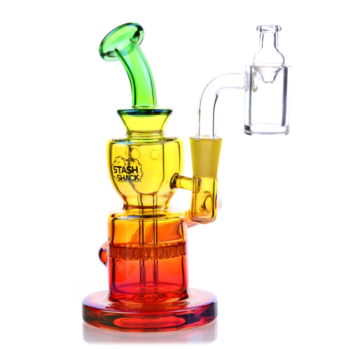 A three-quarter view of the Dahlia Mini Rig, showcasing its colorful glass construction and compact size against a plain white background.