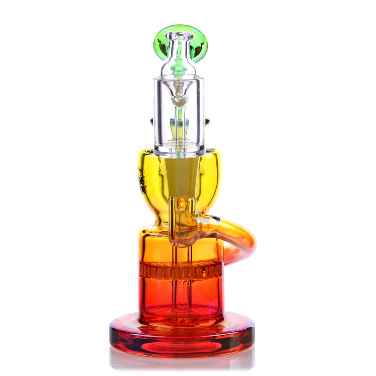 Front view of the Dahlia Mini Rig, a small glass piece reflecting light on a glossy surface.
