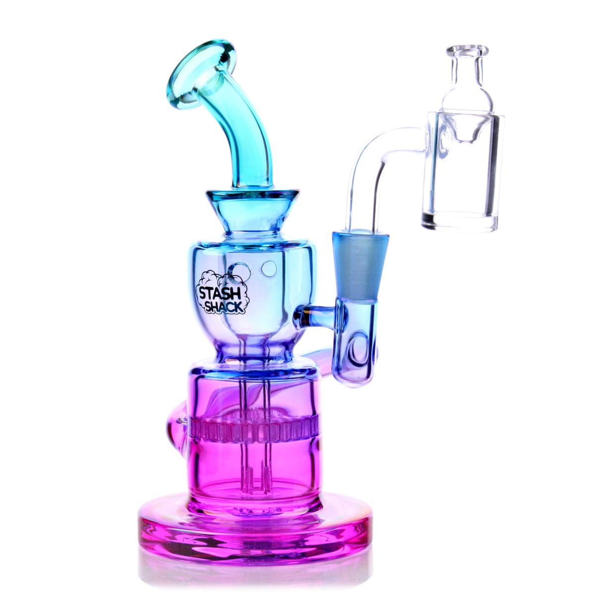The Dahlia Mini Rig is displayed in a three-quarter view, showing its clear glass construction and compact size.
