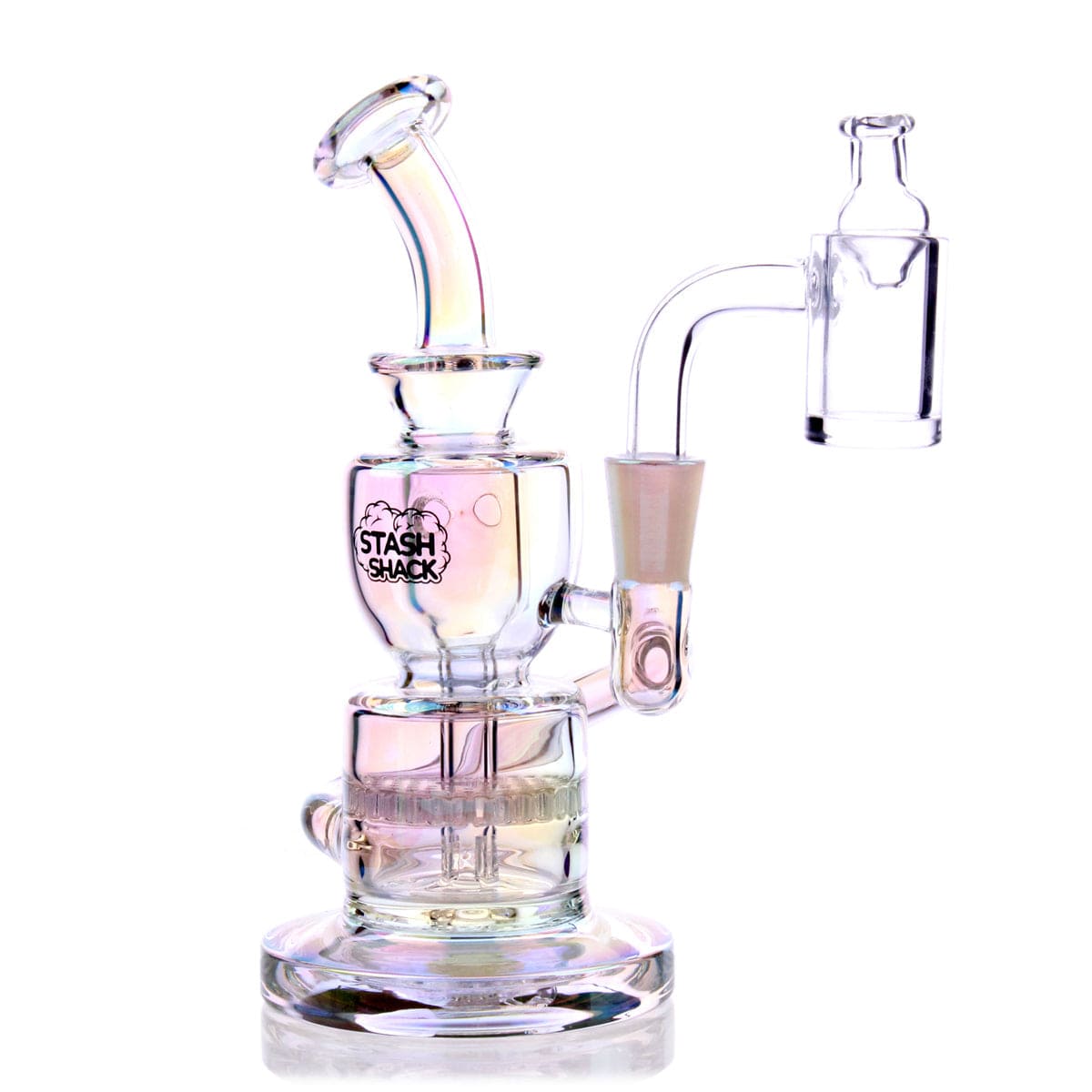 A studio shot of the Dahlia Mini Rig, showcasing its intricate glasswork and compact size against a plain white backdrop.