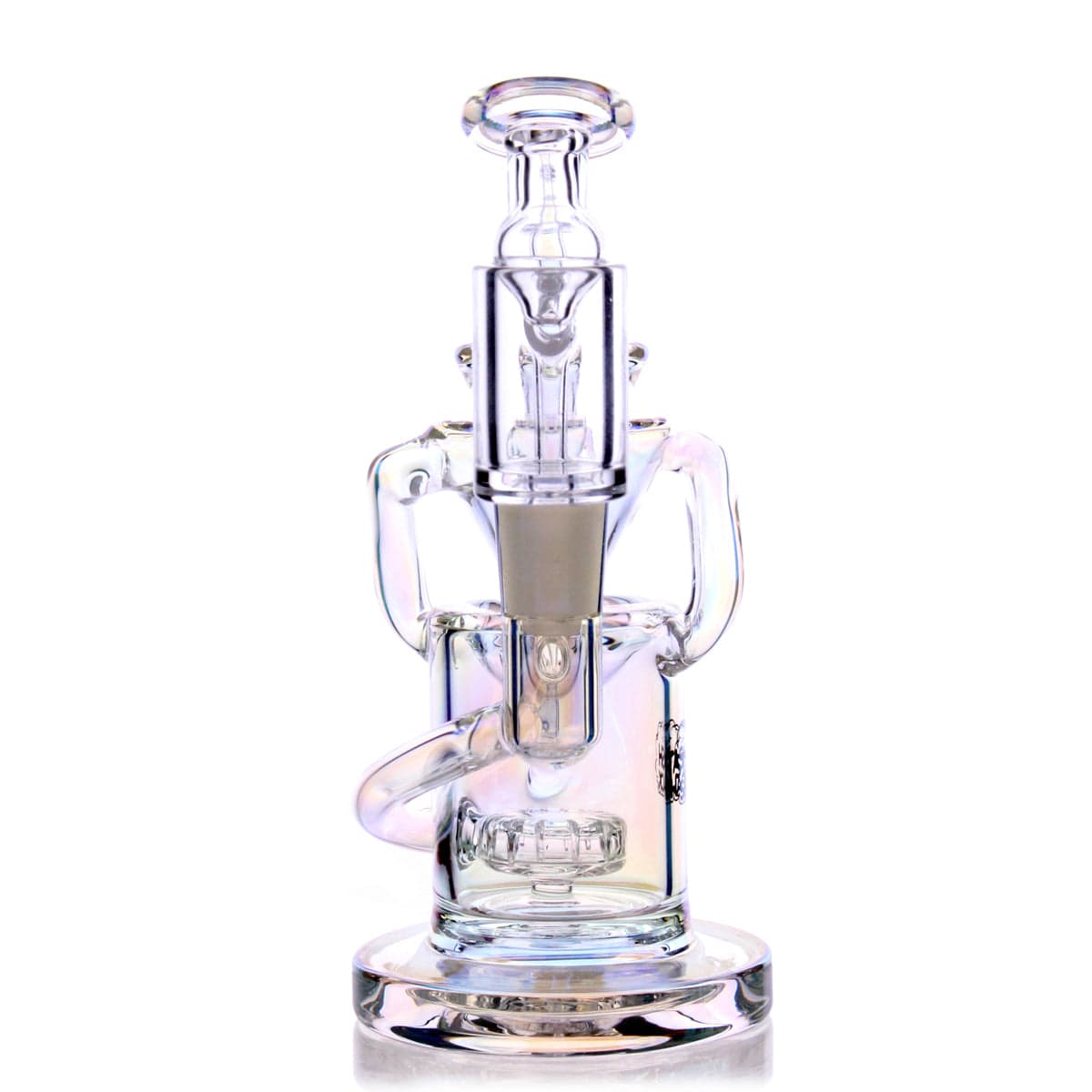 Front view of the Desert Rose Mini Rig, a clear glass piece with a unique, compact design and visible mouthpiece.