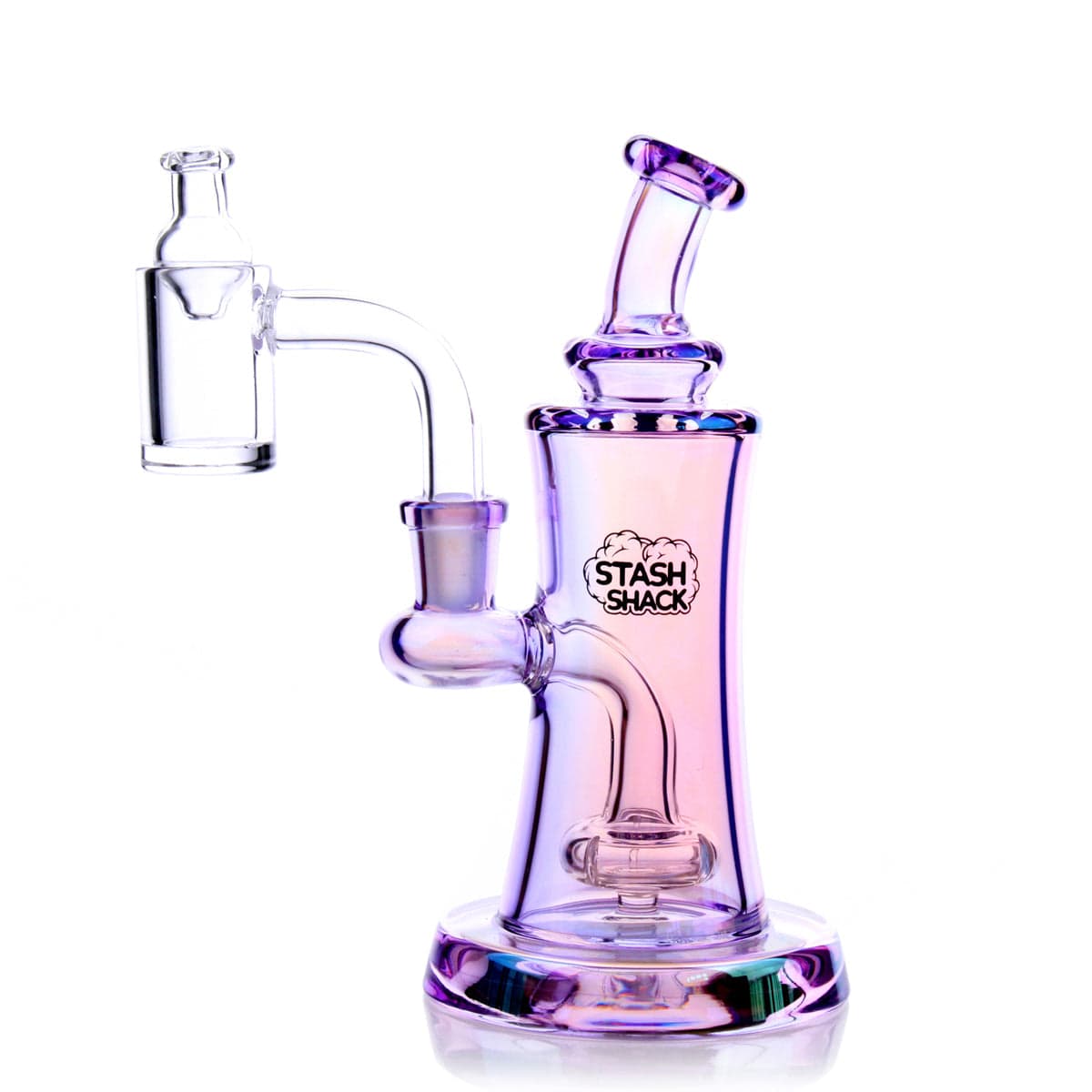 The Elysian Mini Rig is displayed in a close-up, angled shot, showcasing its compact size and clear glass construction.