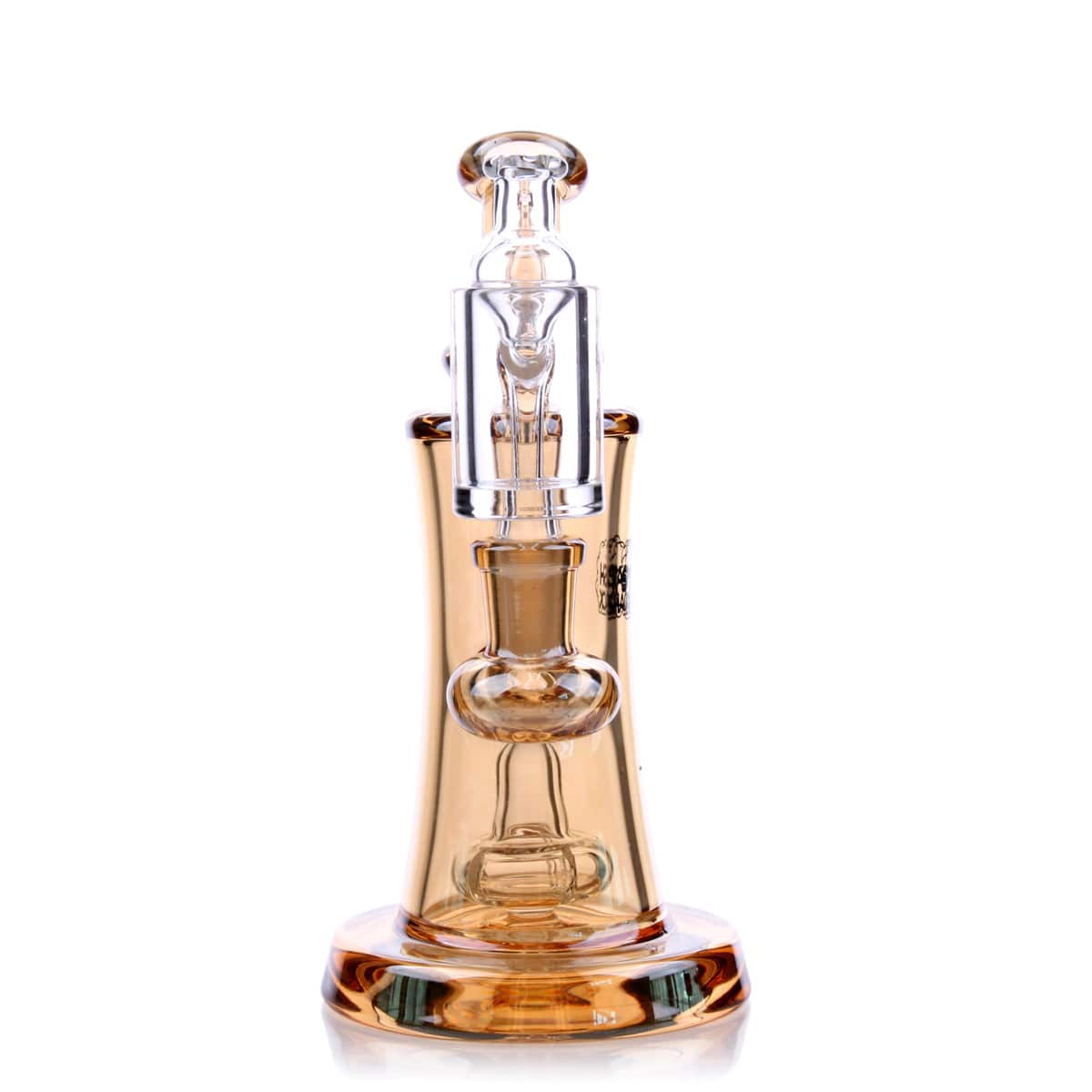 Front view of the Elysian Mini Rig, a small, clear glass rig with a rounded base and angled neck, highlighted against a white backdrop.
