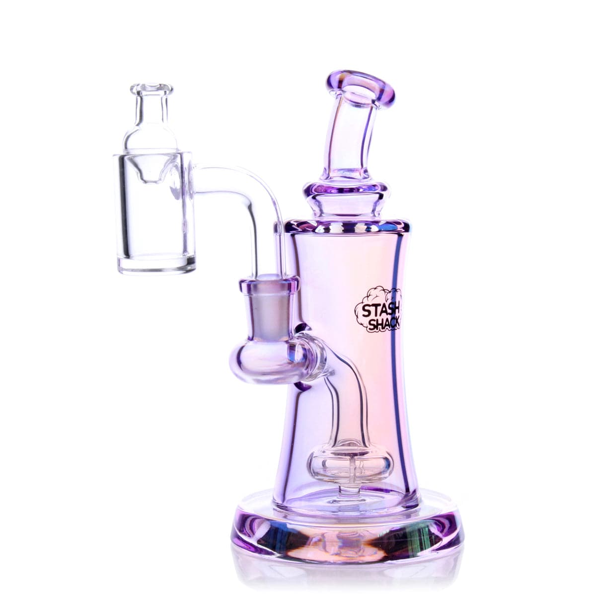 A studio shot displays the Elysian Mini Rig with a clear glass build and unique angled mouthpiece, set against a plain white backdrop.