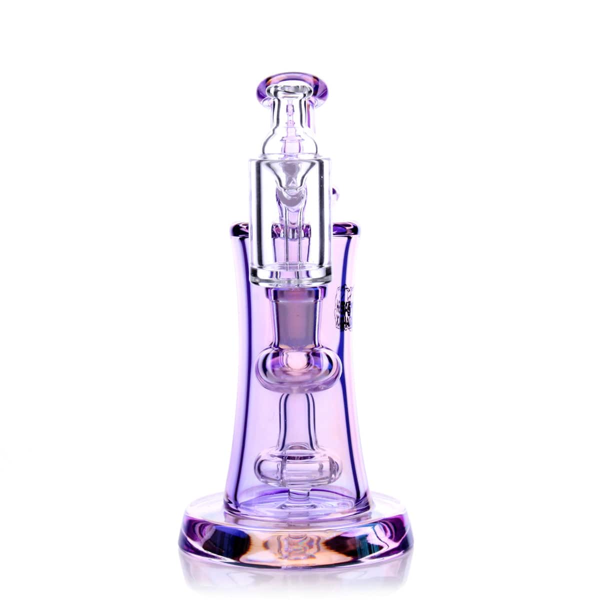 A three-quarter view of the Elysian Mini Rig, showcasing its compact size and smooth, curved glass form.