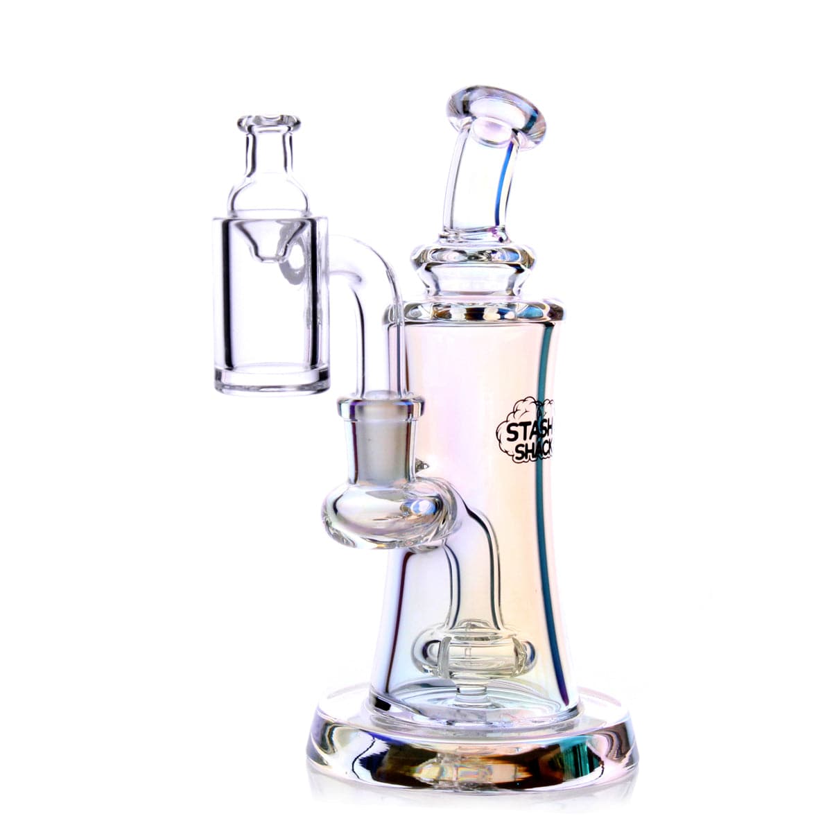 A three-quarter view of the Elysian Mini Rig, showcasing its clear glass construction and compact size.