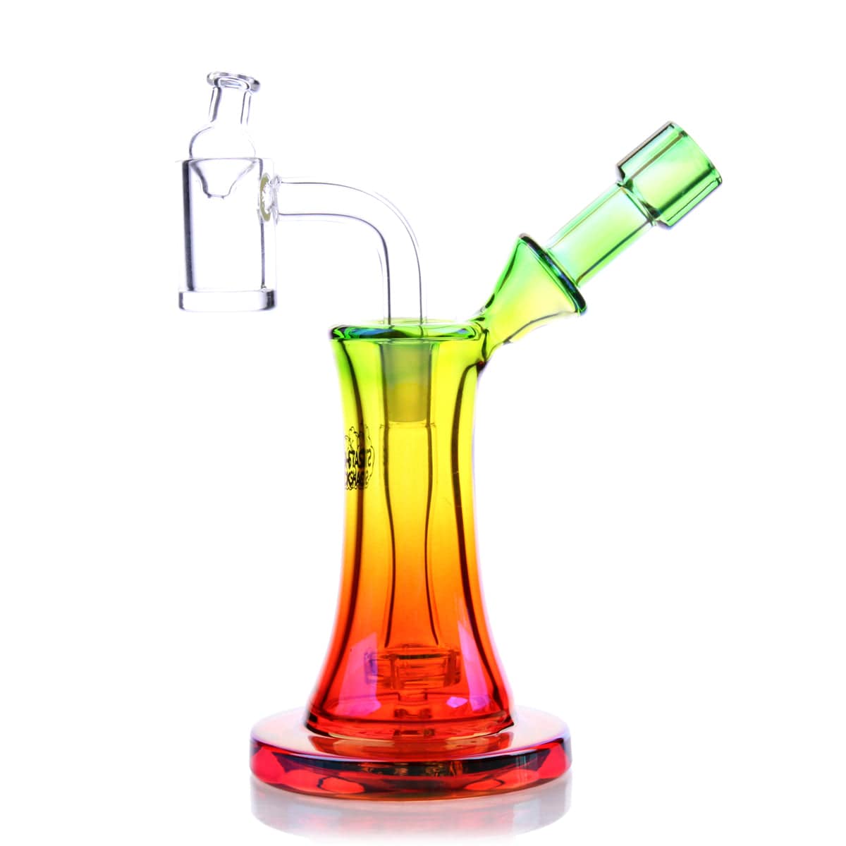 Front view of the Aurelia Mini Rig, a colorful glass piece with a rounded base and curved neck.