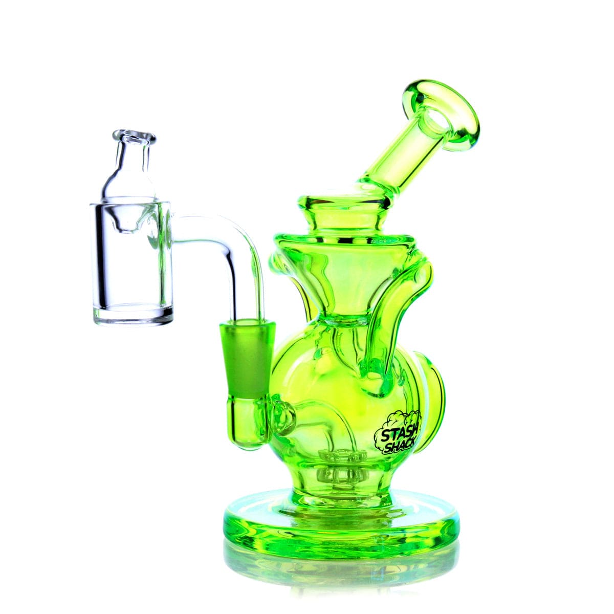 The Lirio Mini Rig is displayed in a three-quarter view, showcasing its compact size and clear glass construction.