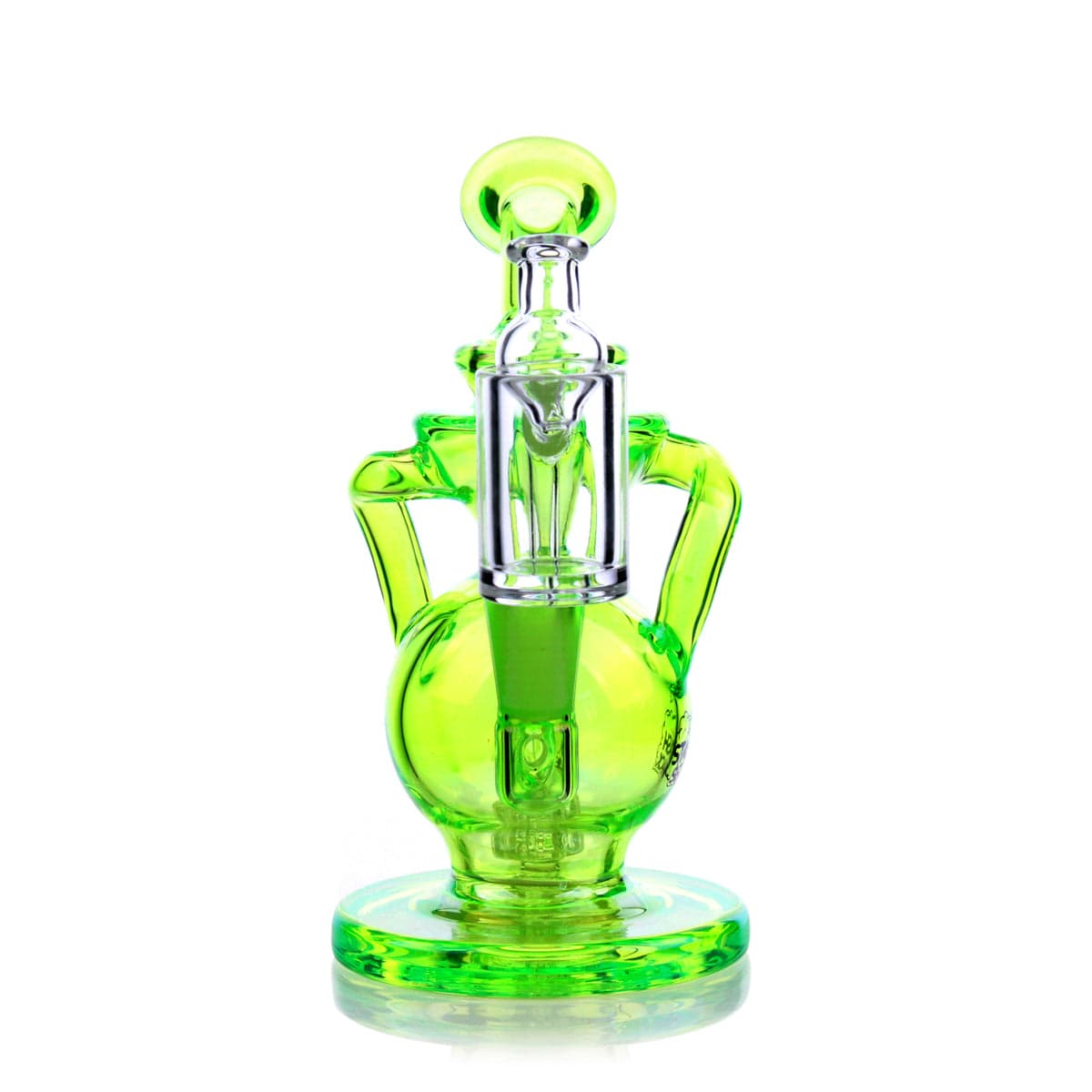 A studio shot of the Lirio Mini Rig, showing the small, green glass rig angled slightly from above.