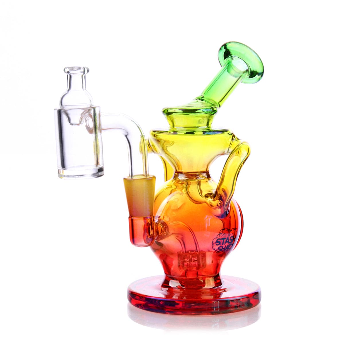 A slightly angled view of the Lirio Mini Rig, showcasing its transparent glass construction and rounded base.