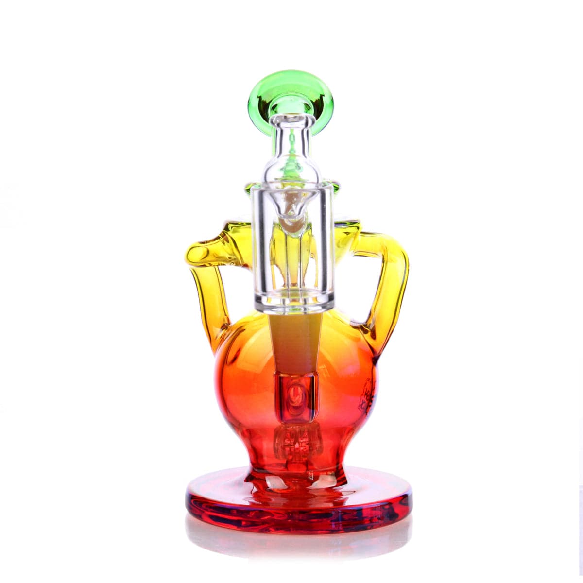 A studio shot of the Lirio Mini Rig, showcasing the small, transparent glass rig angled against a plain white background.