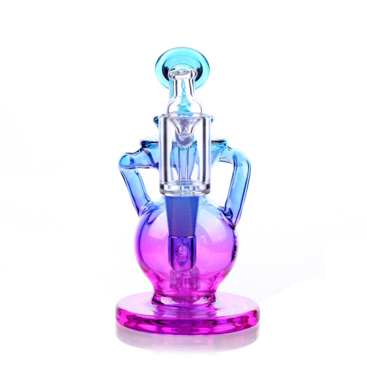 A three-quarter view of the Lirio Mini Rig, a compact glass piece with a vibrant purple hue and clean lines.