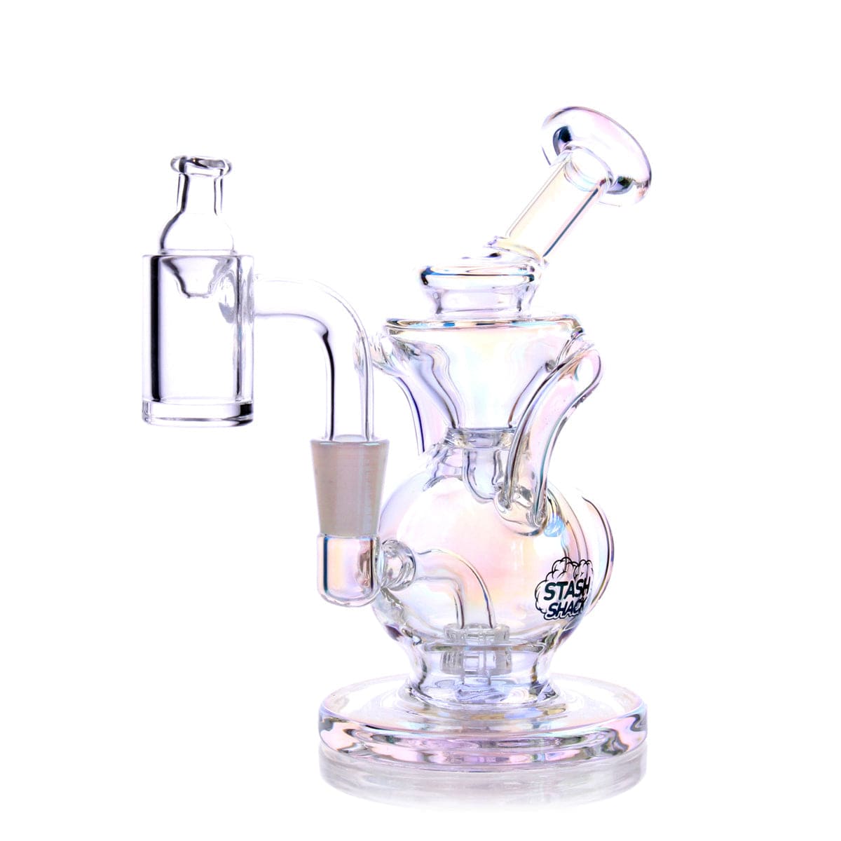 A three-quarter view of the Lirio Mini Rig, showcasing its clear glass construction and compact size.