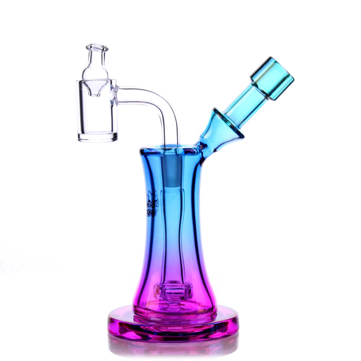 A three-quarter view of the Aurelia Mini Rig, showcasing its purple-to-clear glass gradient and compact size on a flat surface.