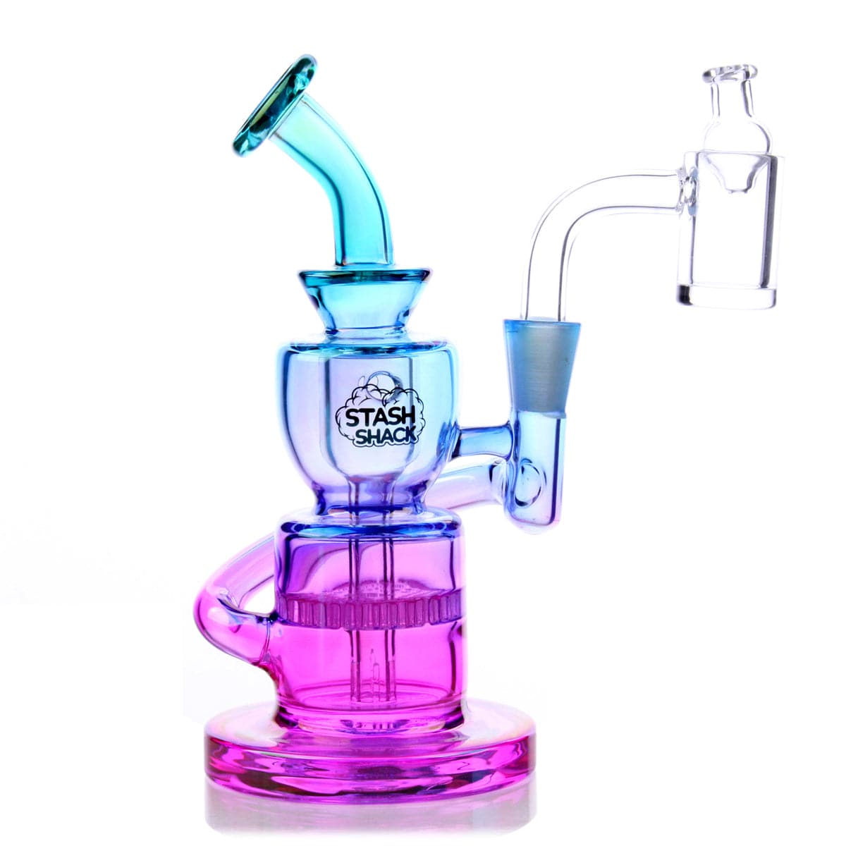 A three-quarter view of the Dahlia Mini Rig, showcasing its purple glass construction and unique curved design.