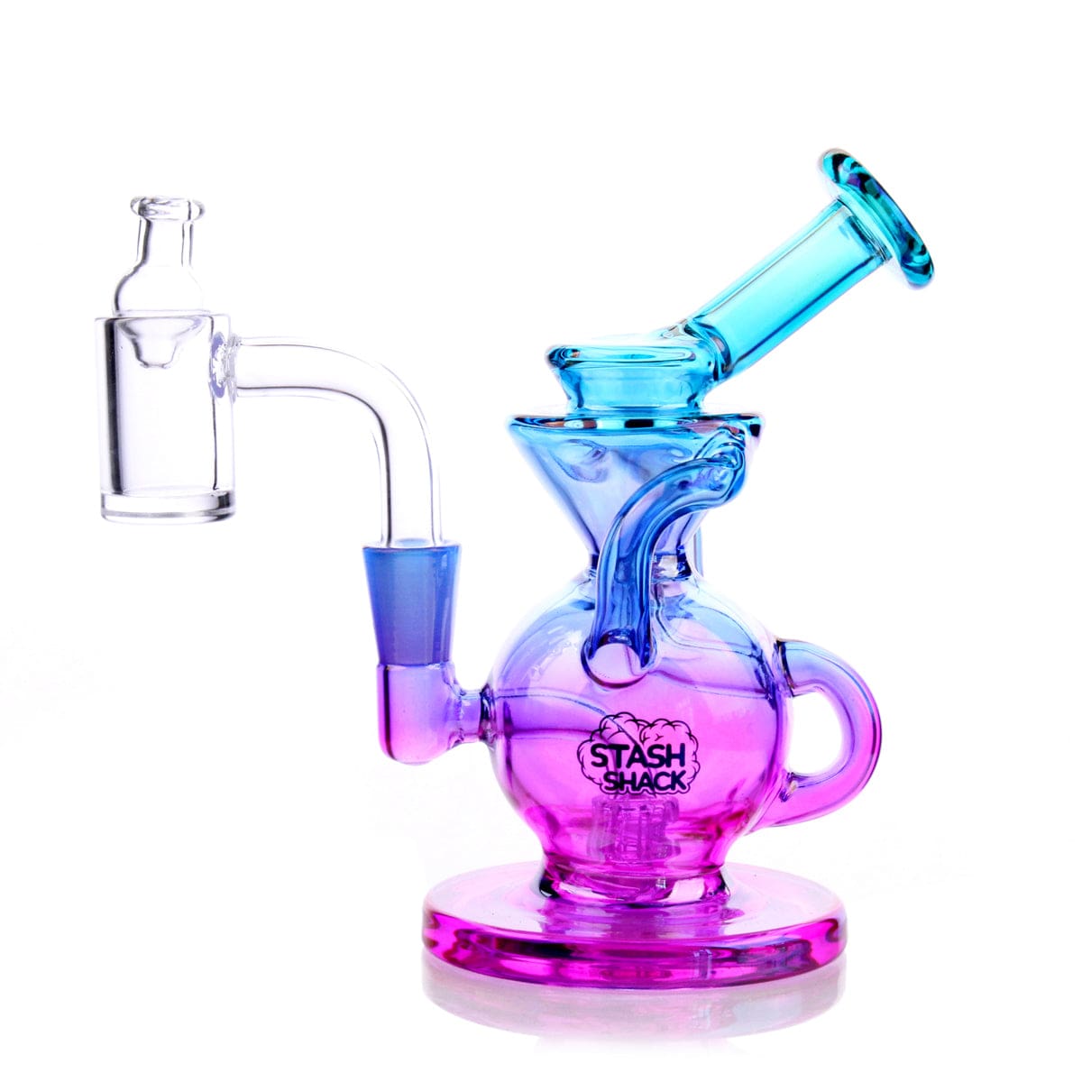 A side view of the Lirio Mini Rig, showcasing its colorful glass construction and compact size on a plain white background.
