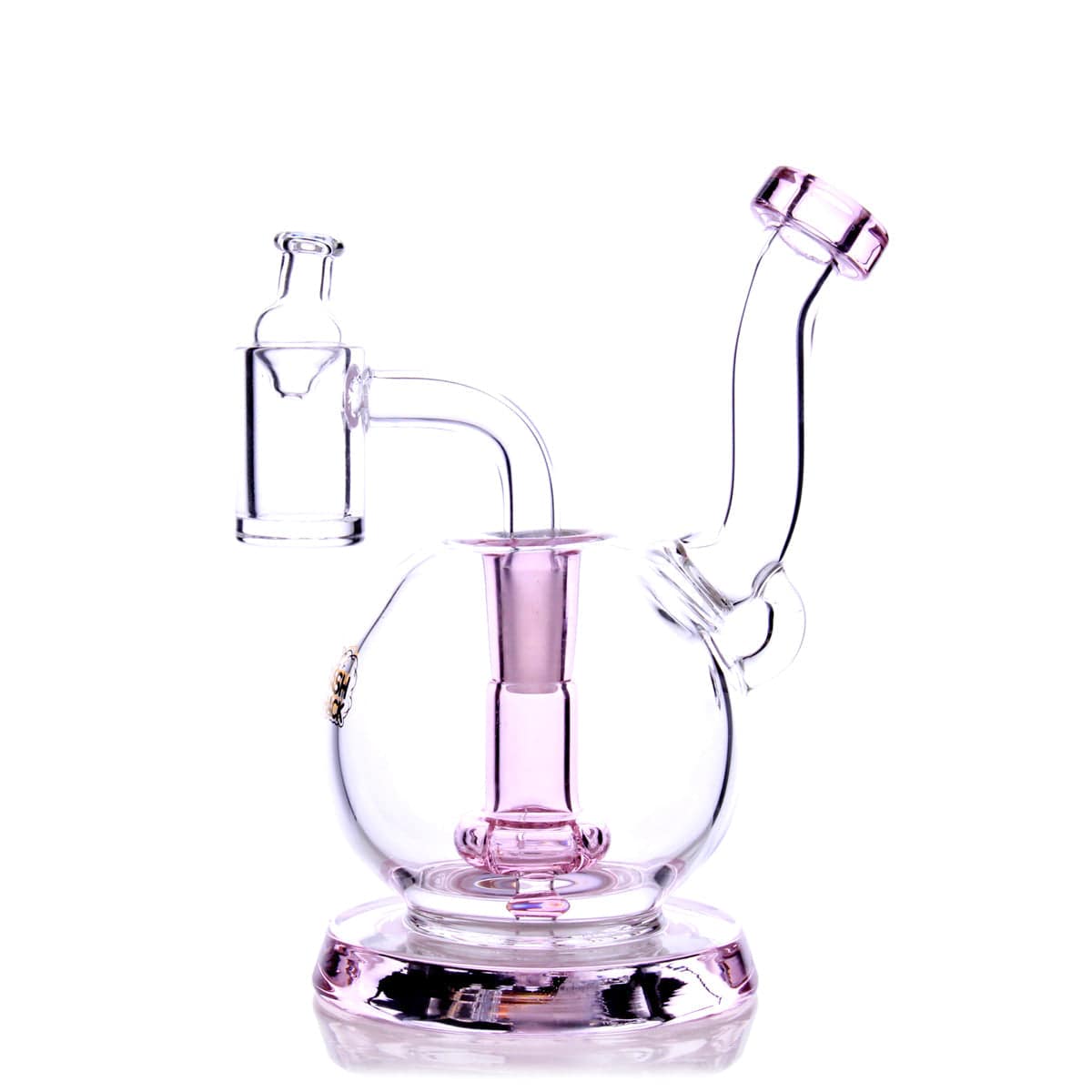 A slightly angled view of the TerpGlobe Mini Rig, featuring a clear glass construction and rounded base.