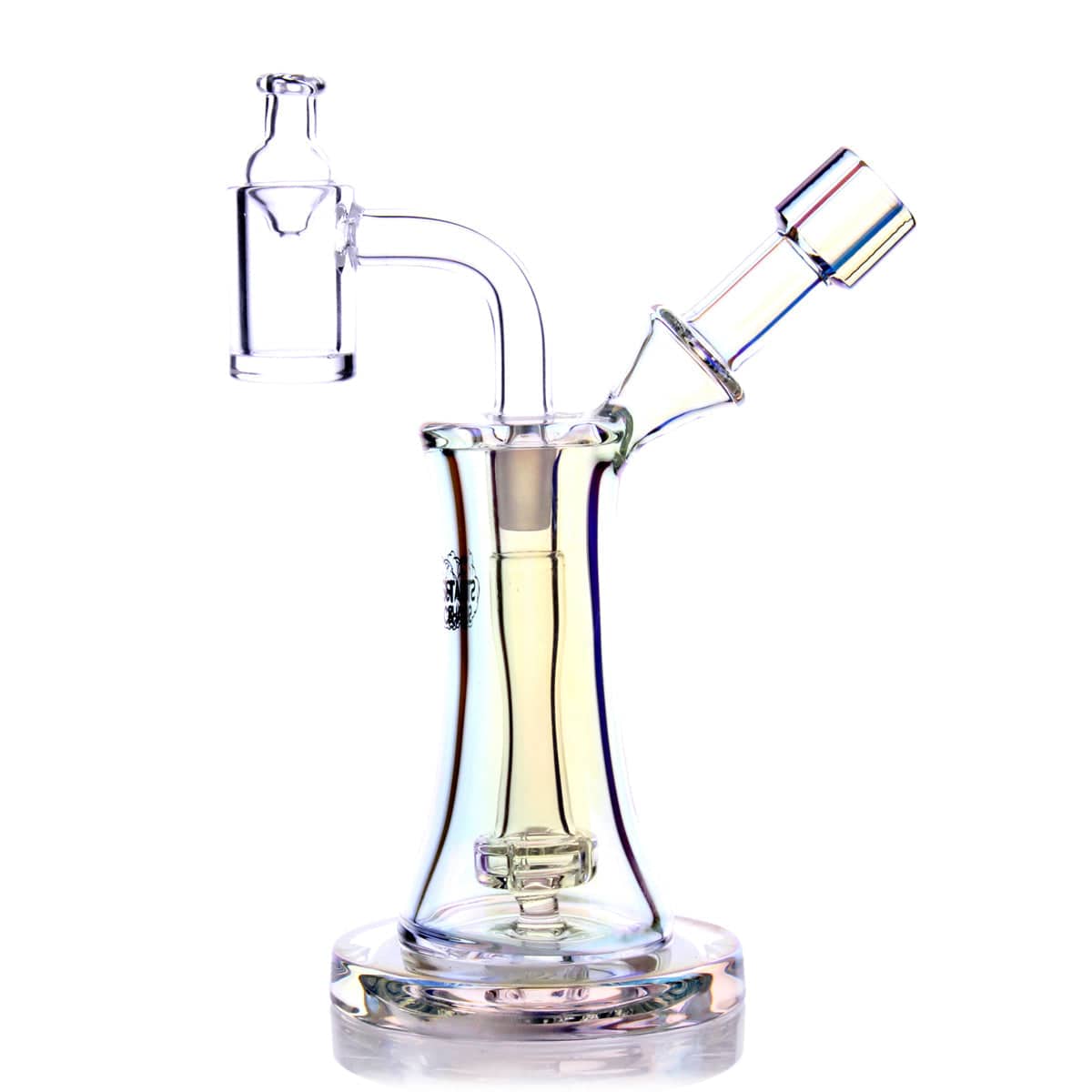 Front view of the Aurelia Mini Rig, a compact glass piece with a clear build and angled mouthpiece, resting on a reflective surface.