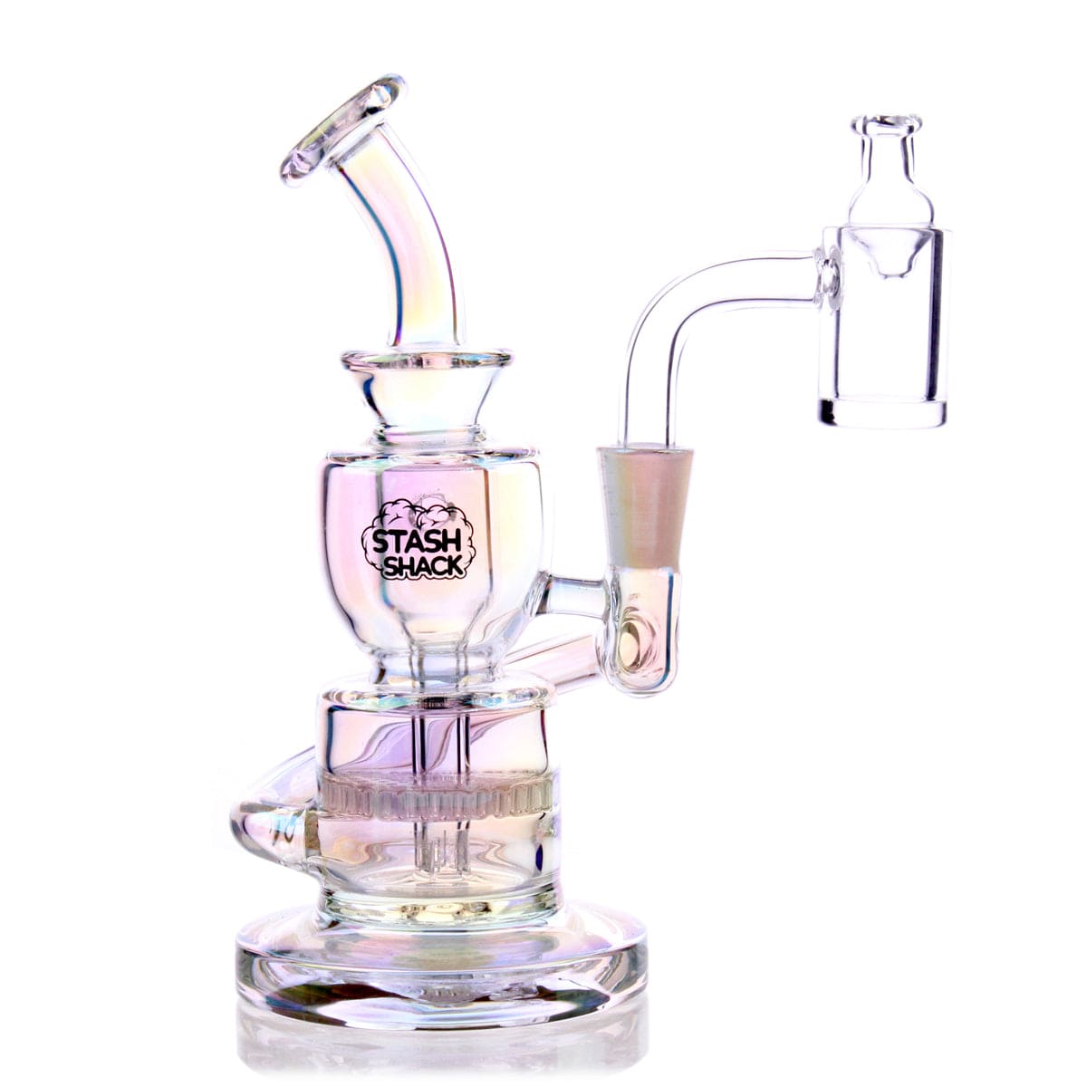 A three-quarter view of the Dahlia Mini Rig, a compact glass rig with a clear body and visible joint for concentrates.