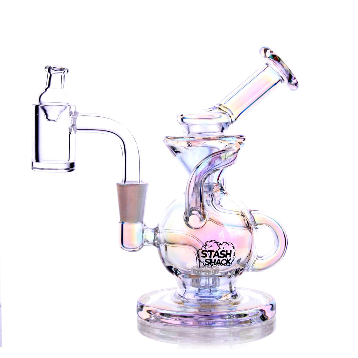 A three-quarter view of the Lirio Mini Rig, showcasing its compact size and clear glass construction.