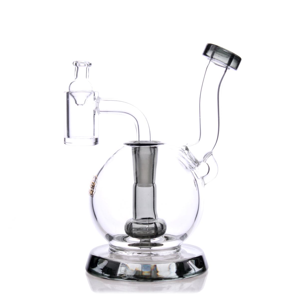 Front view of the TerpGlobe Mini Rig, a clear glass rig with a rounded base and angled mouthpiece, reflecting light on a glossy surface.