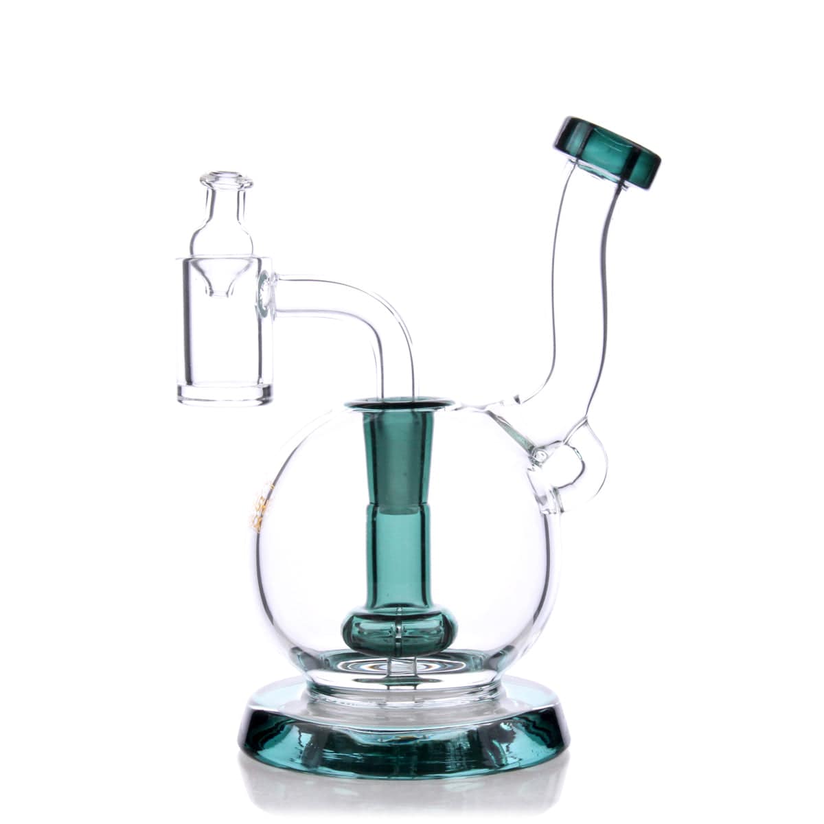 A front view of the TerpGlobe Mini Rig, showcasing its clear glass construction and compact size against a reflective surface.