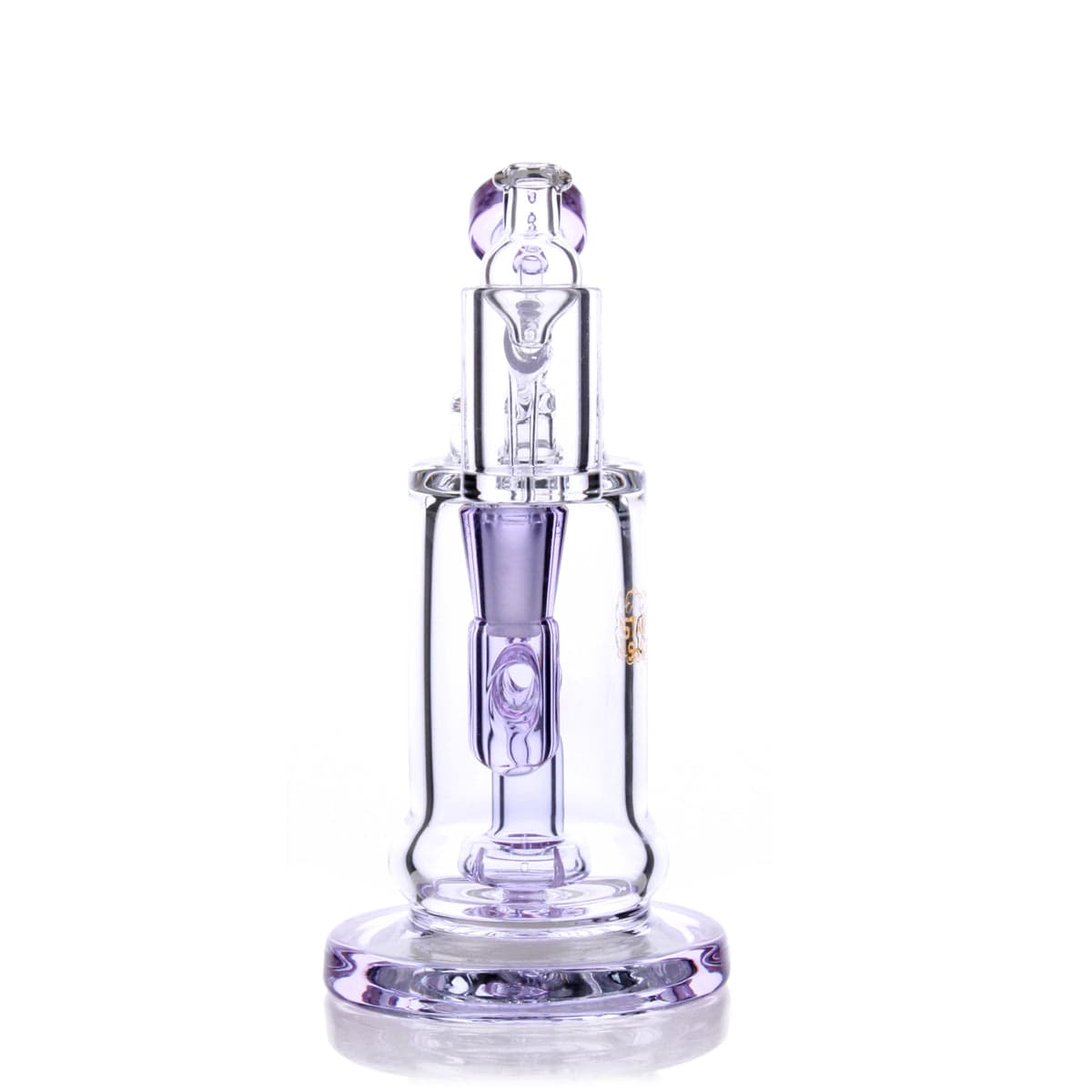 Front view of the TerpDroid Mini Rig, a compact glass water pipe with a rounded base and clear construction.