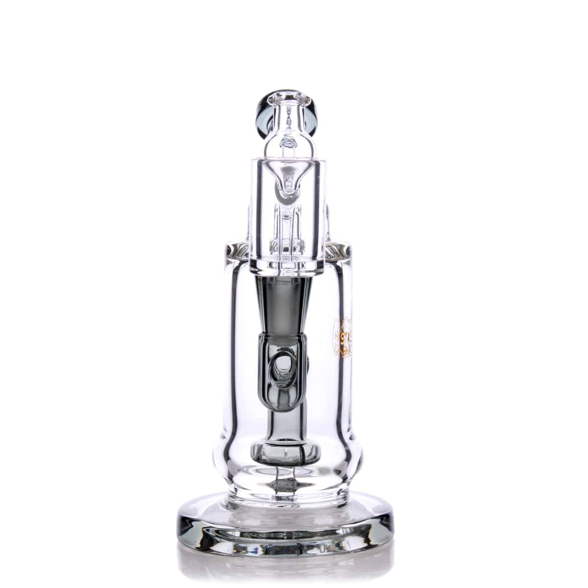 Front view of the TerpDroid Mini Rig, a clear glass water pipe with a rounded base and flared mouthpiece.