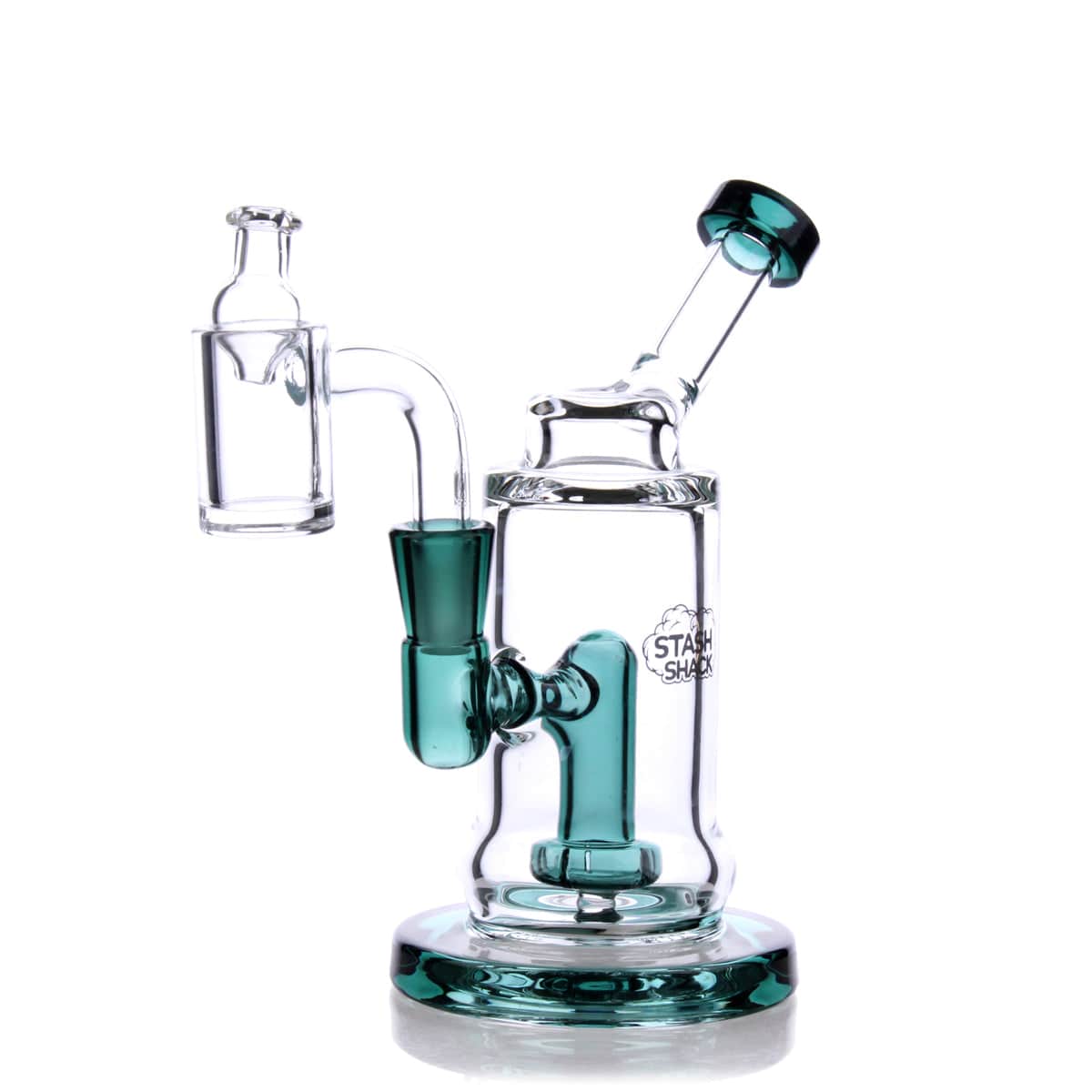 Front view of the TerpDroid Mini Rig, a compact glass rig with a clear body and blue accents.