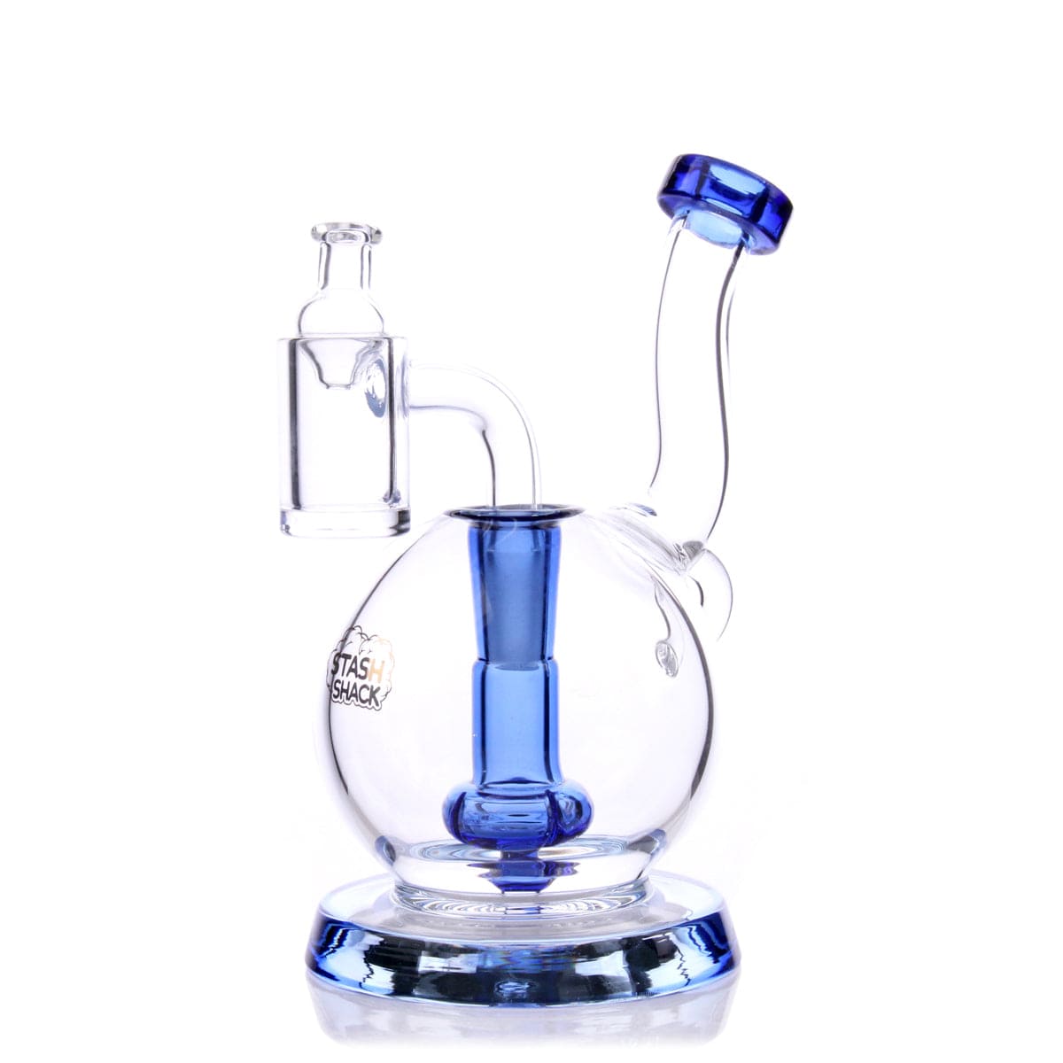 A studio shot showcases the TerpGlobe Mini Rig, a compact glass piece with a rounded base and clear, blue accents.