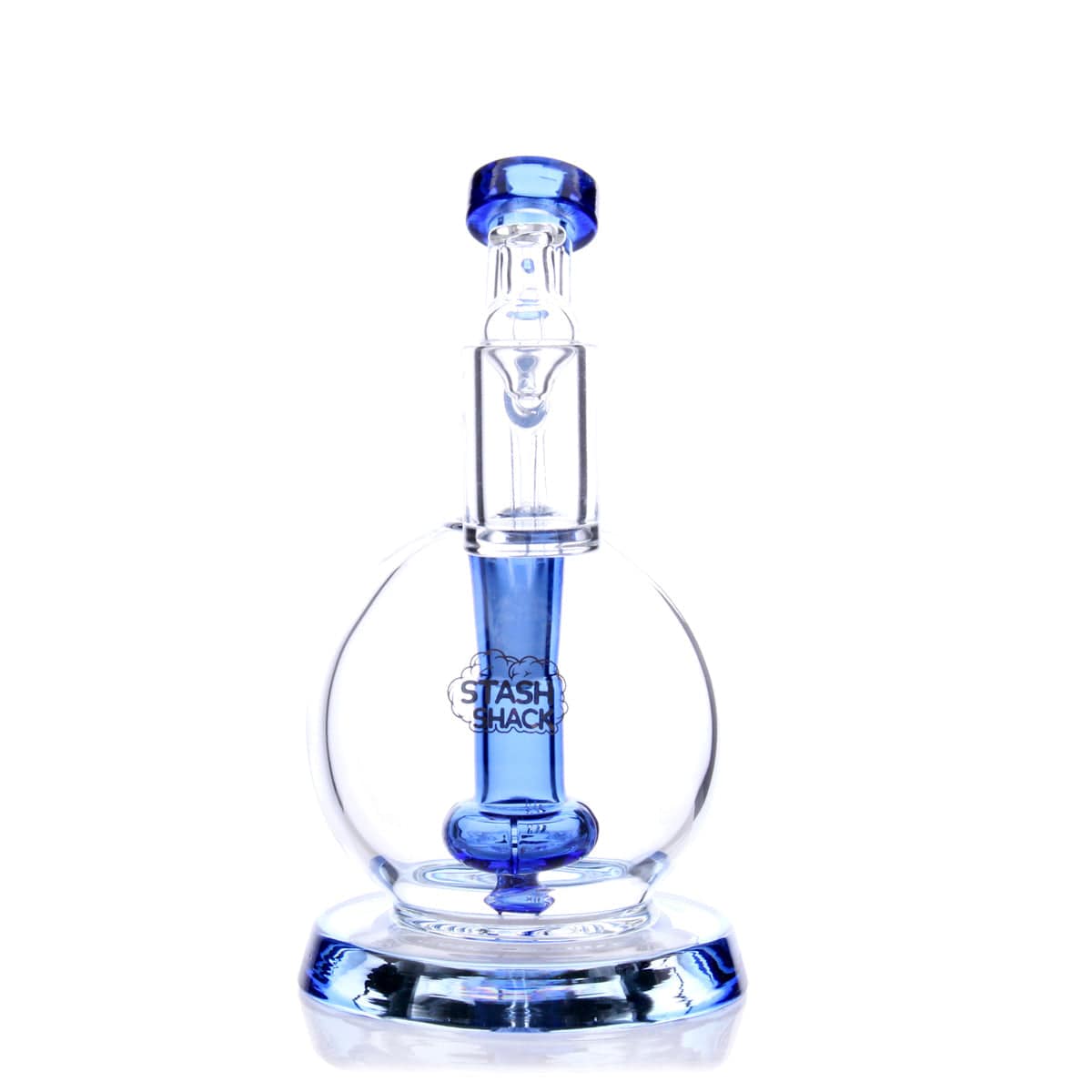 A studio shot of the TerpGlobe Mini Rig, displaying the clear glass bubbler from a slightly elevated, angled perspective.
