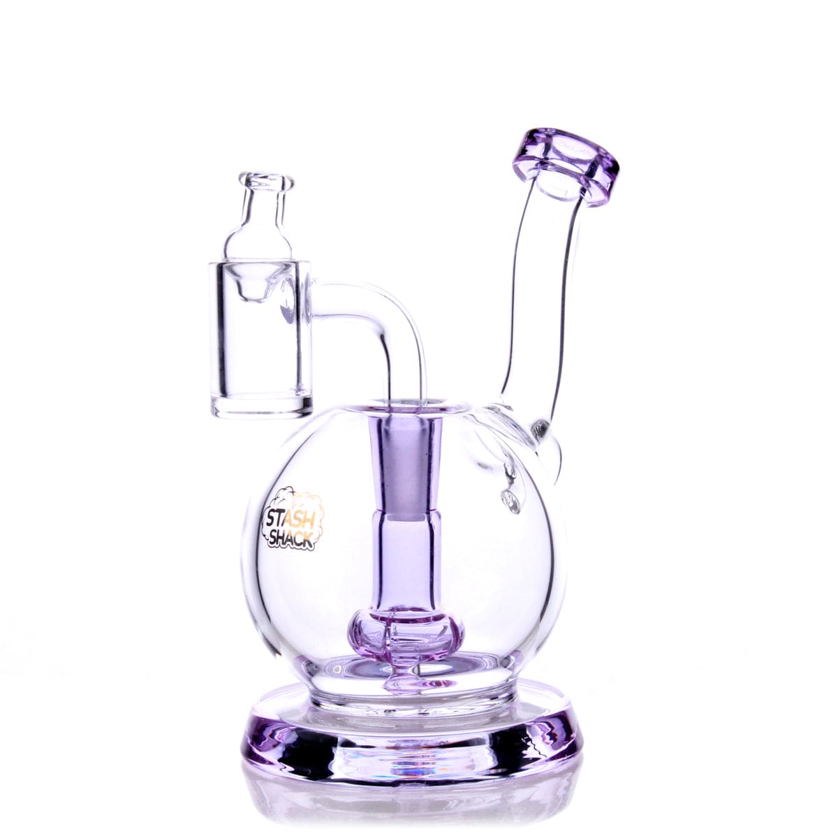 A studio shot of the TerpGlobe Mini Rig, highlighting its compact size and clear glass construction from a slightly angled perspective.