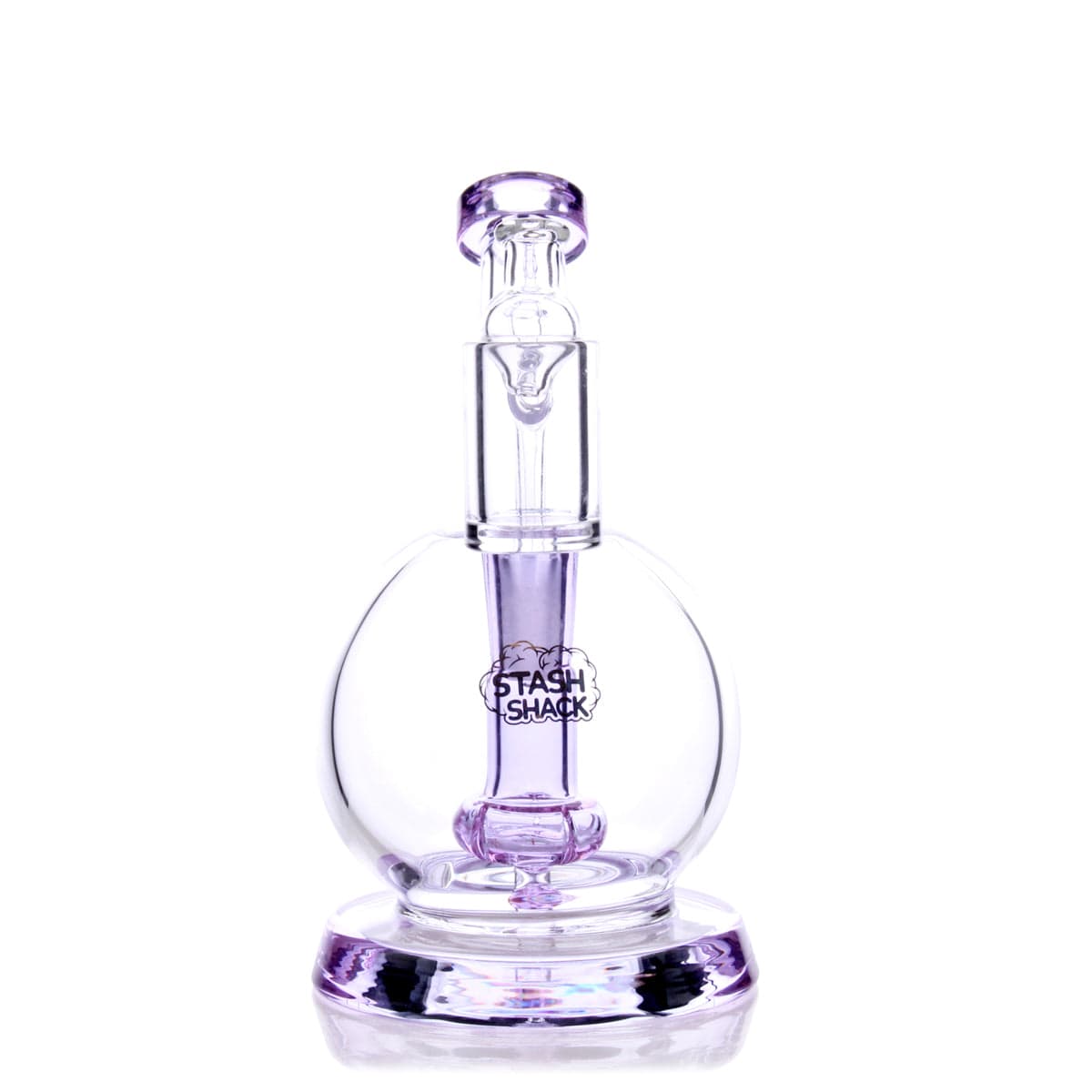 A three-quarter view of the TerpGlobe Mini Rig, showcasing its clear glass construction and compact size.
