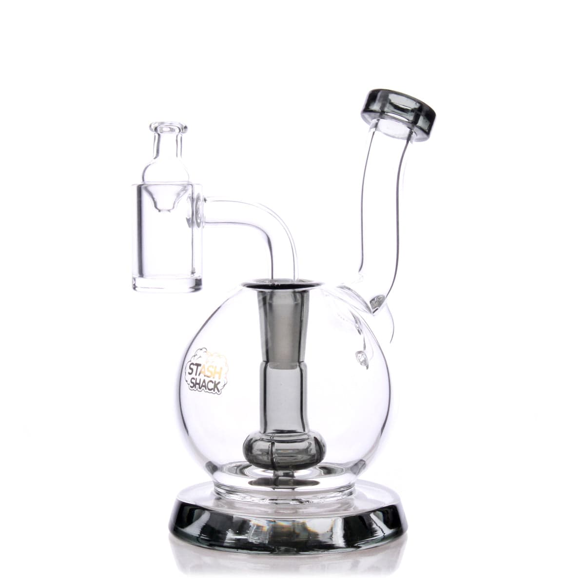 A studio shot of the TerpGlobe Mini Rig, showing its clear glass construction and compact size from a slightly elevated angle.