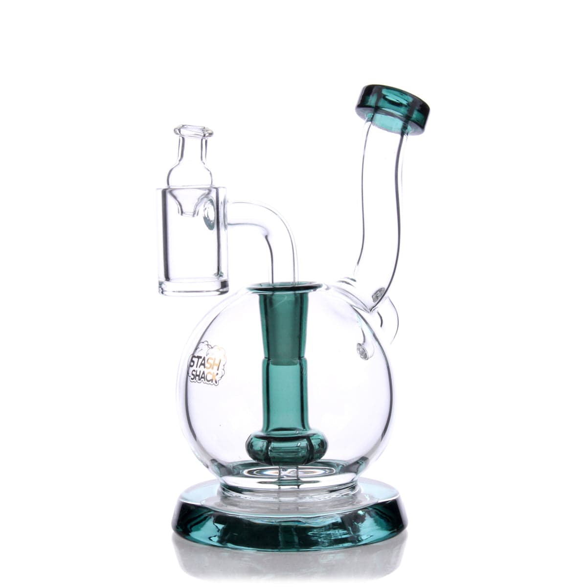 A three-quarter view of the TerpGlobe Mini Rig, showcasing its compact size and rounded glass form on a white surface.