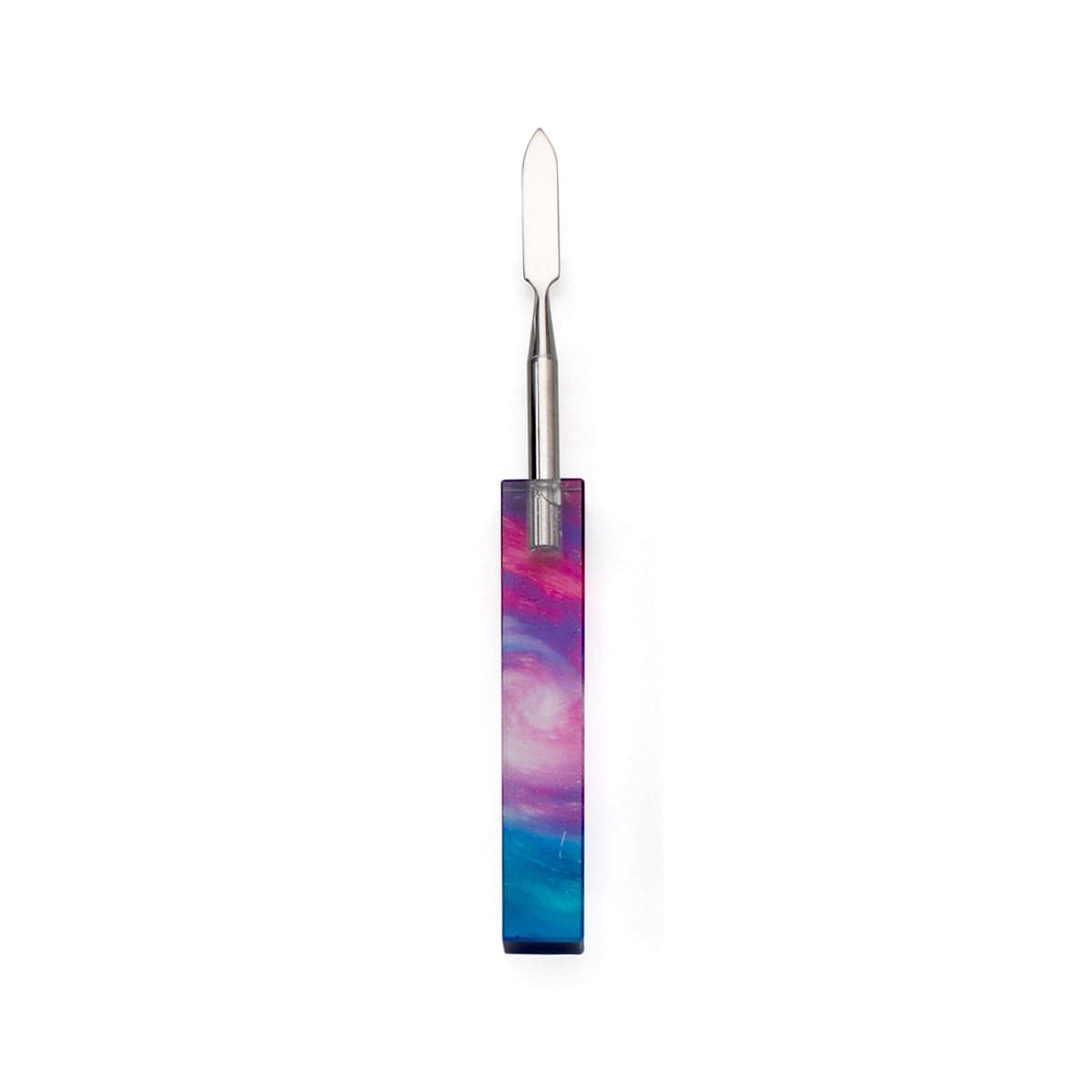 A straight-on view of the Spacescape Crystal Handle Dab Tool, featuring a colorful, patterned handle and metal tip.