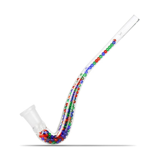 A side view of the Beaded J Hook Glass Stem shows a clear, curved glass stem decorated with colorful beads.