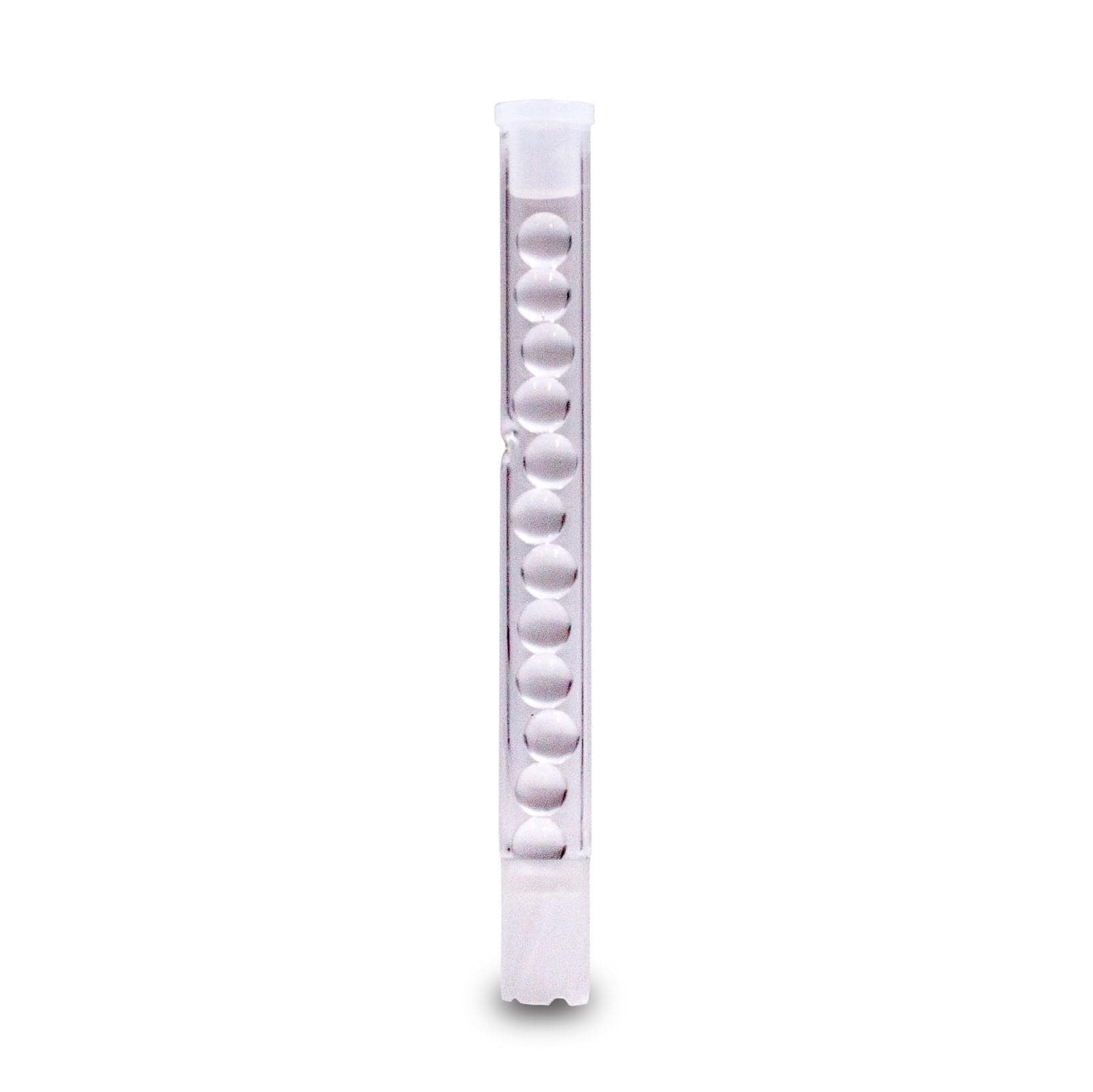 A side view of the Beaded All Glass Cooling Stem for DynaVap Cap, showcasing its clear glass construction and beaded design.