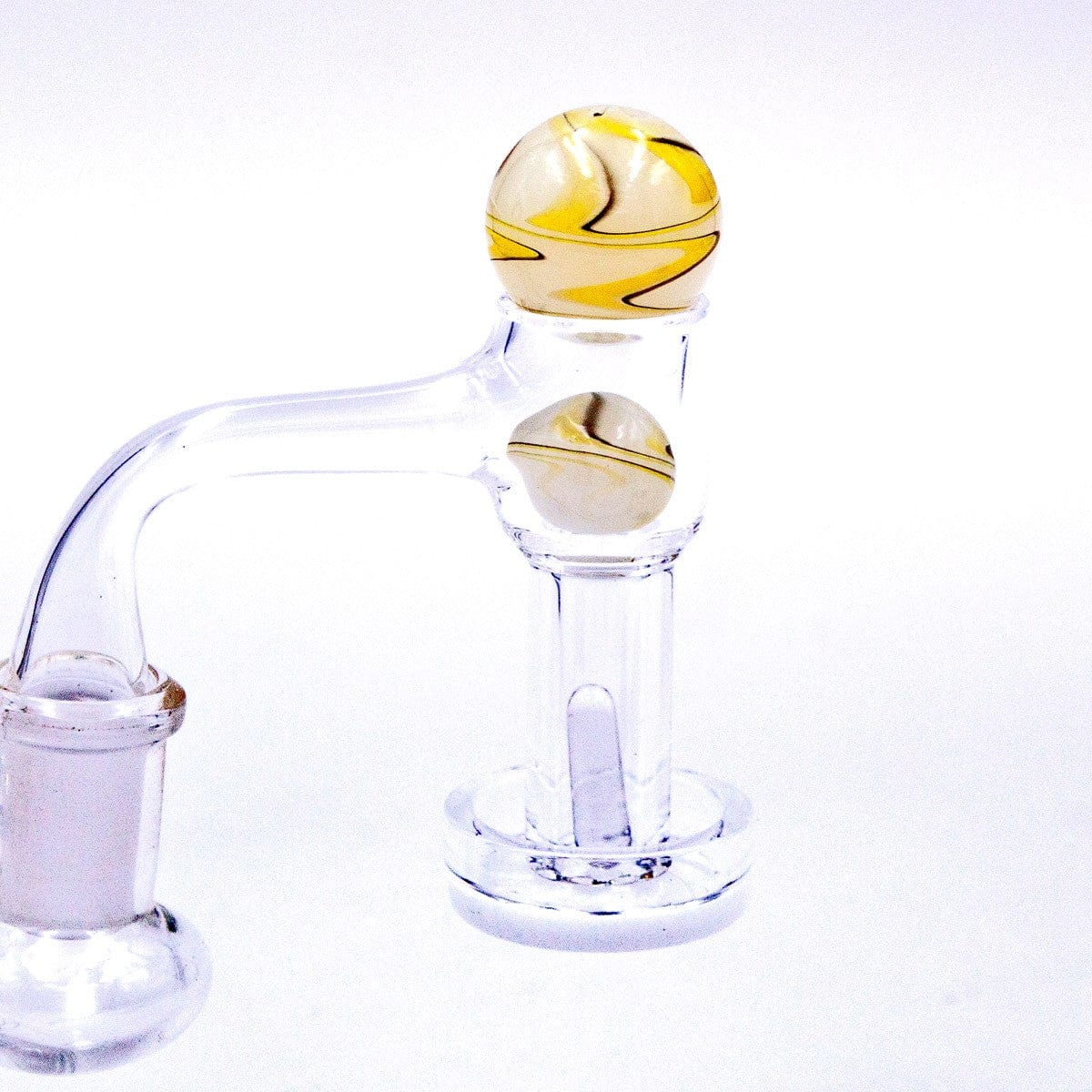 A front view of the Marbled White Glass Terp Slurper Set, showcasing its clear glass construction and unique marbled pattern.