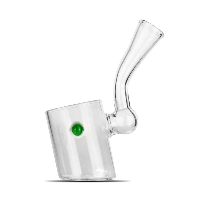 A three-quarter view of the Sherlock Dry Pipe for Puffco Proxy, showcasing its clear glass construction and simple, curved design.