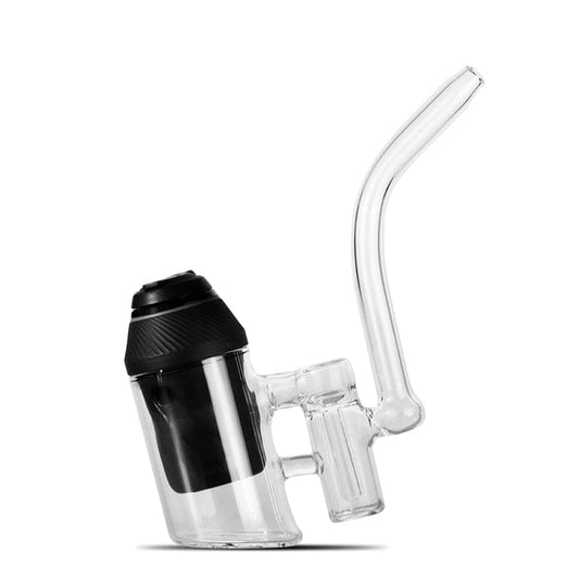 A side view of The Quasi Bubbler Pipe for Puffco Proxy, showcasing its clear glass construction and compact bubbler design.