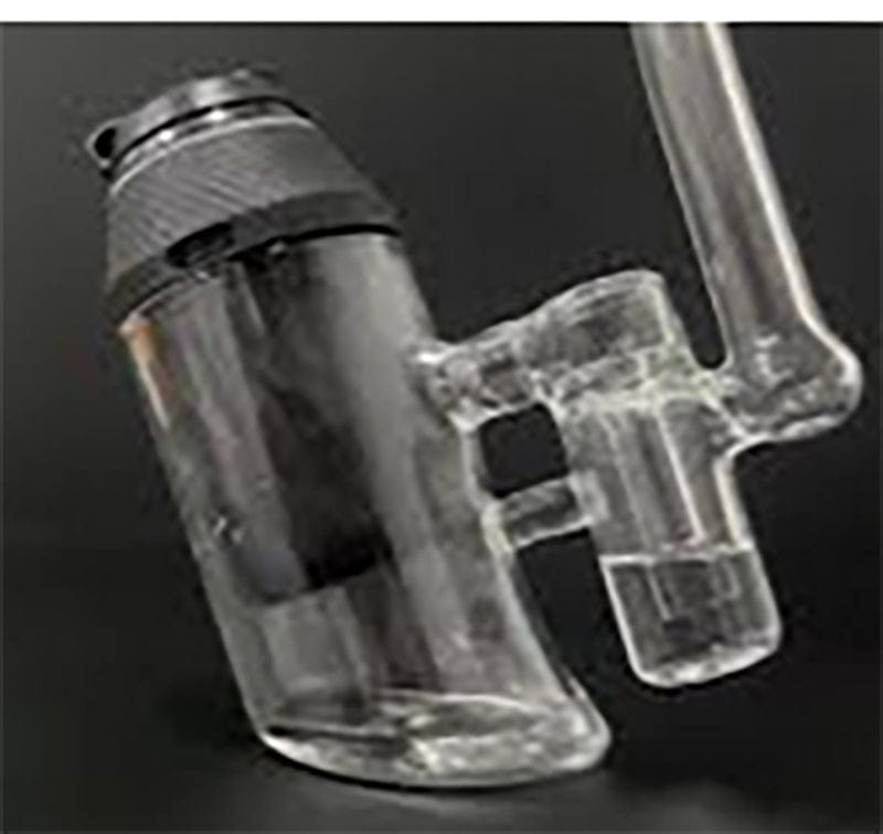 Front view of The Quasi Bubbler Pipe for Puffco Proxy, displaying its clear glass construction and curved design against a dark background.