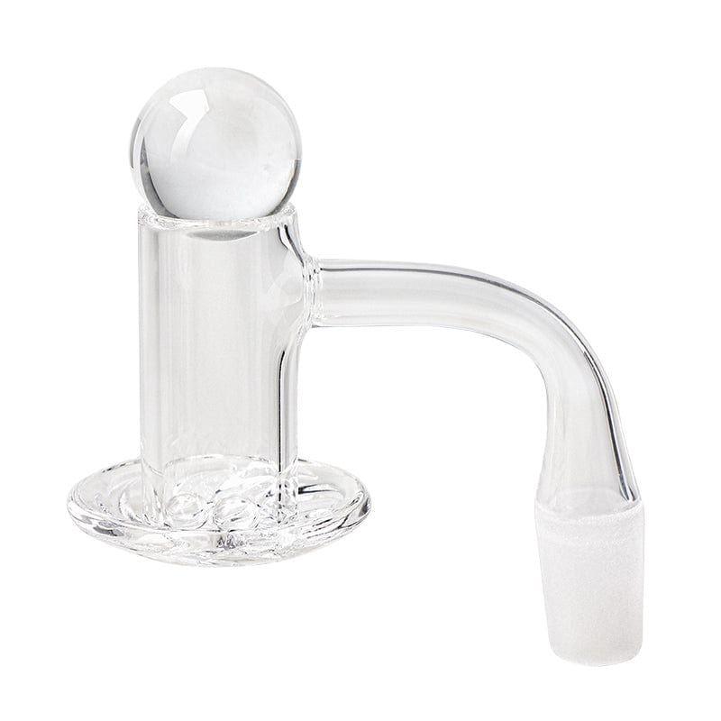 A close-up, angled view of the Blender Quartz Banger Set with a 22mm marble cap and 6mm terp pearls, highlighting its clear quartz construction.