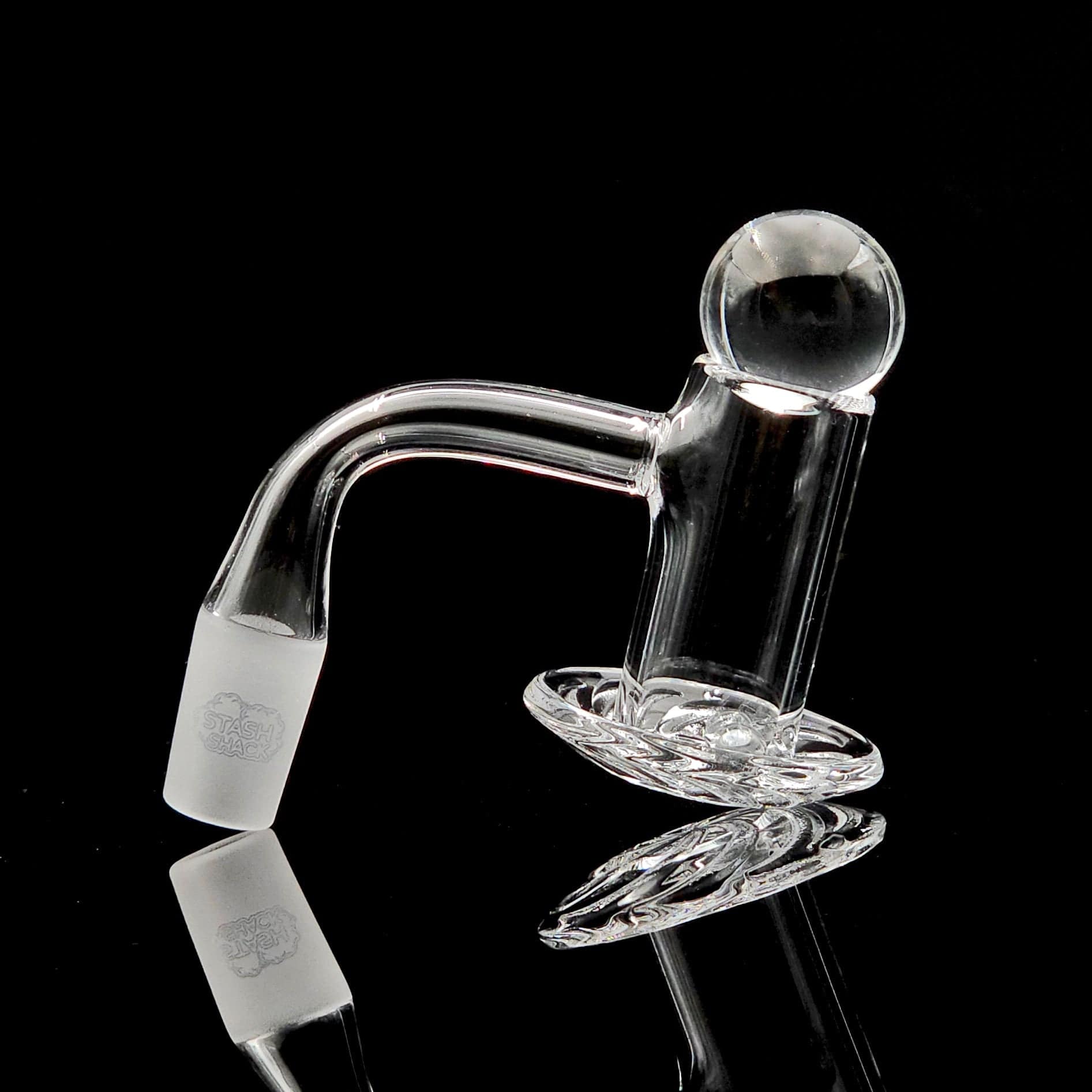 A studio shot of the Blender Quartz Banger Set with 22mm Marble Cap & 6mm Terp Pearls, displayed at a slight angle on a reflective black surface.